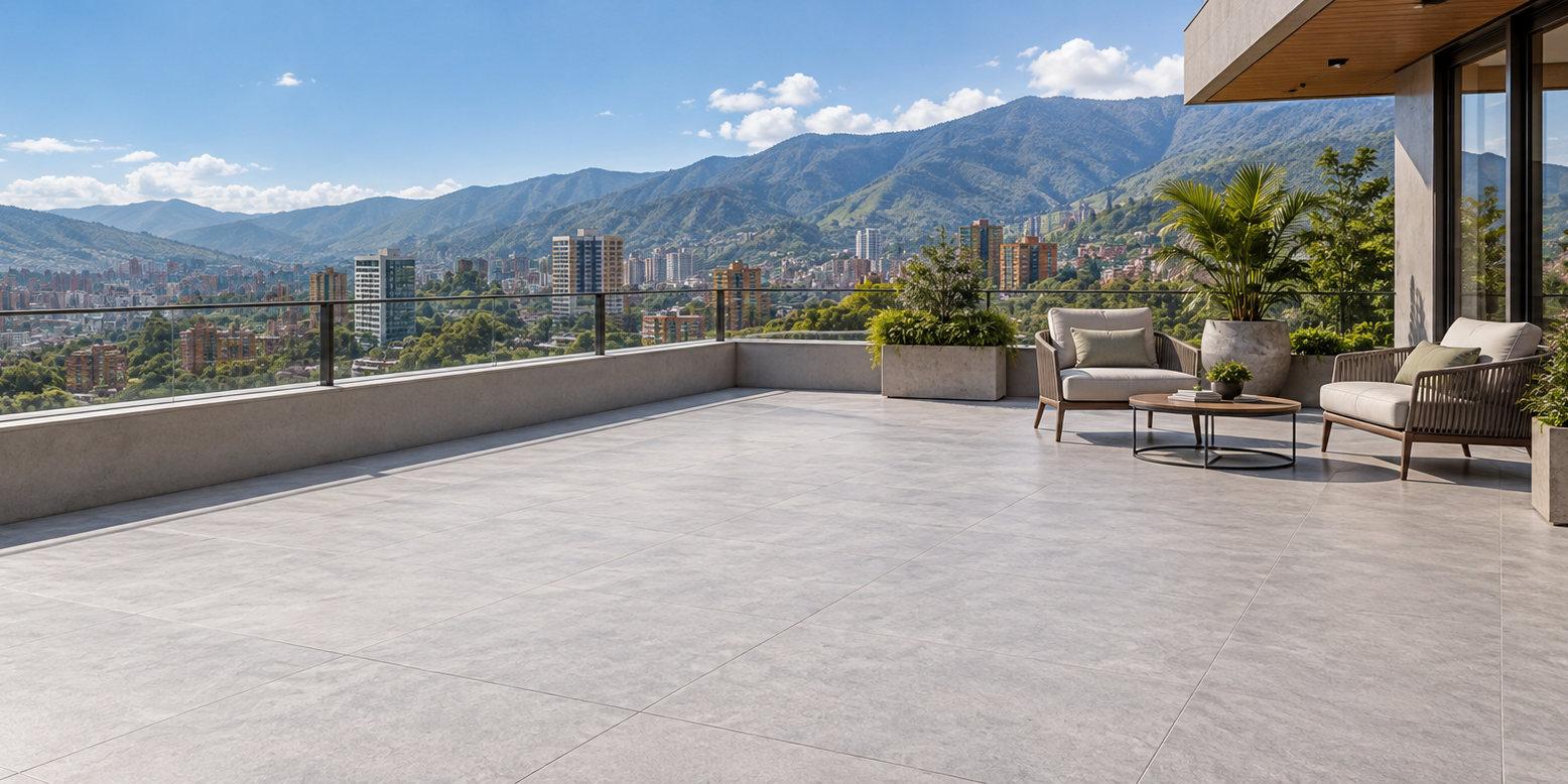Modern rooftop terrace with mountain city view