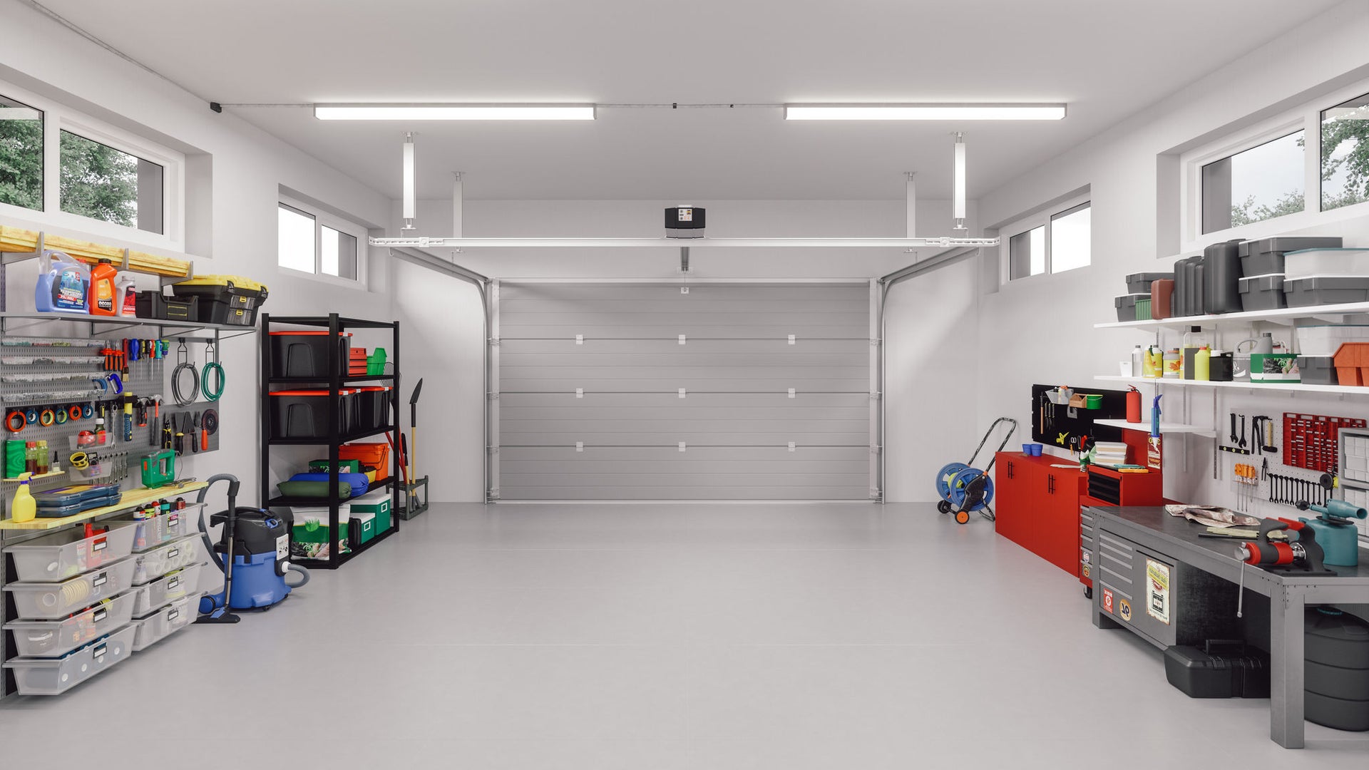 Grey flooring of interior of an empty modern garage in a house