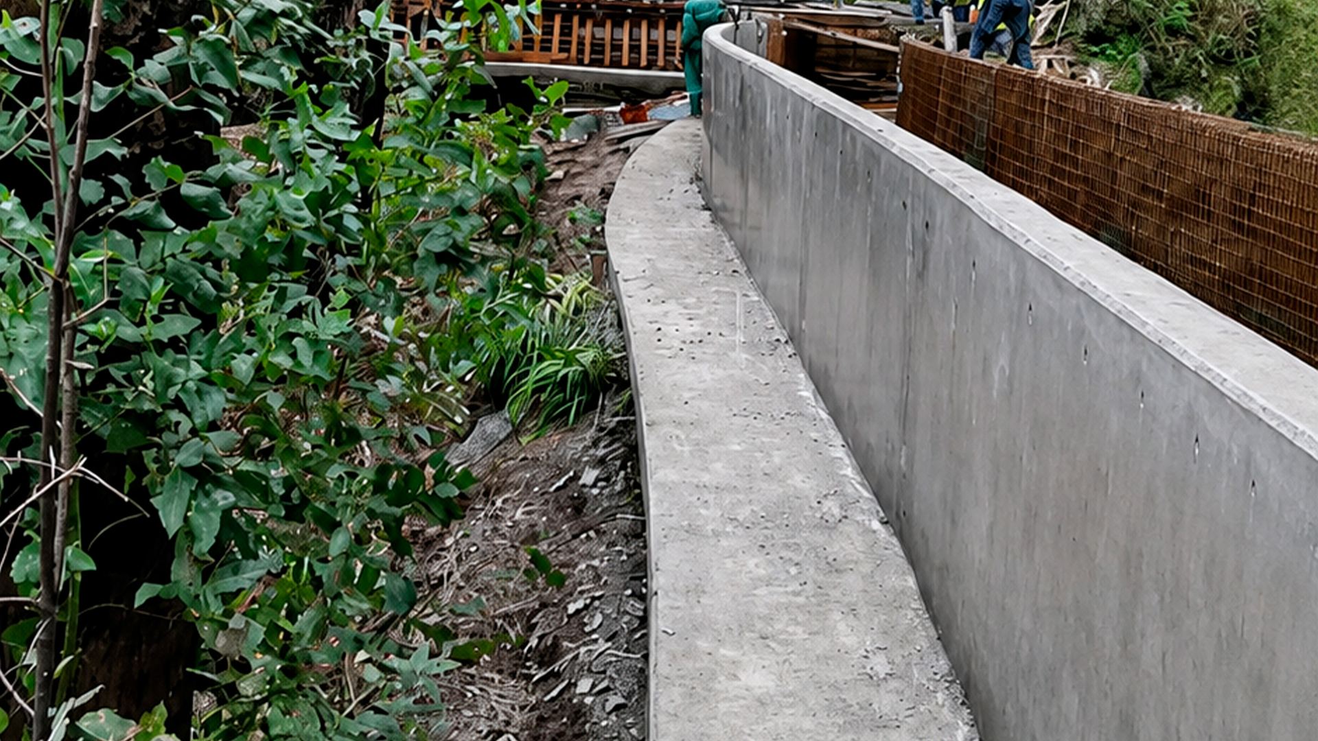 Construction workers building curved concrete retaining wall
