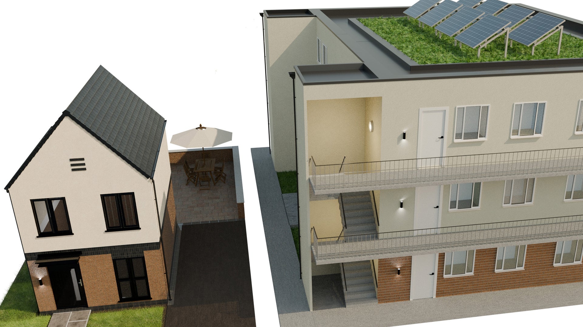 Residential flats, balconies and walkways, residential house