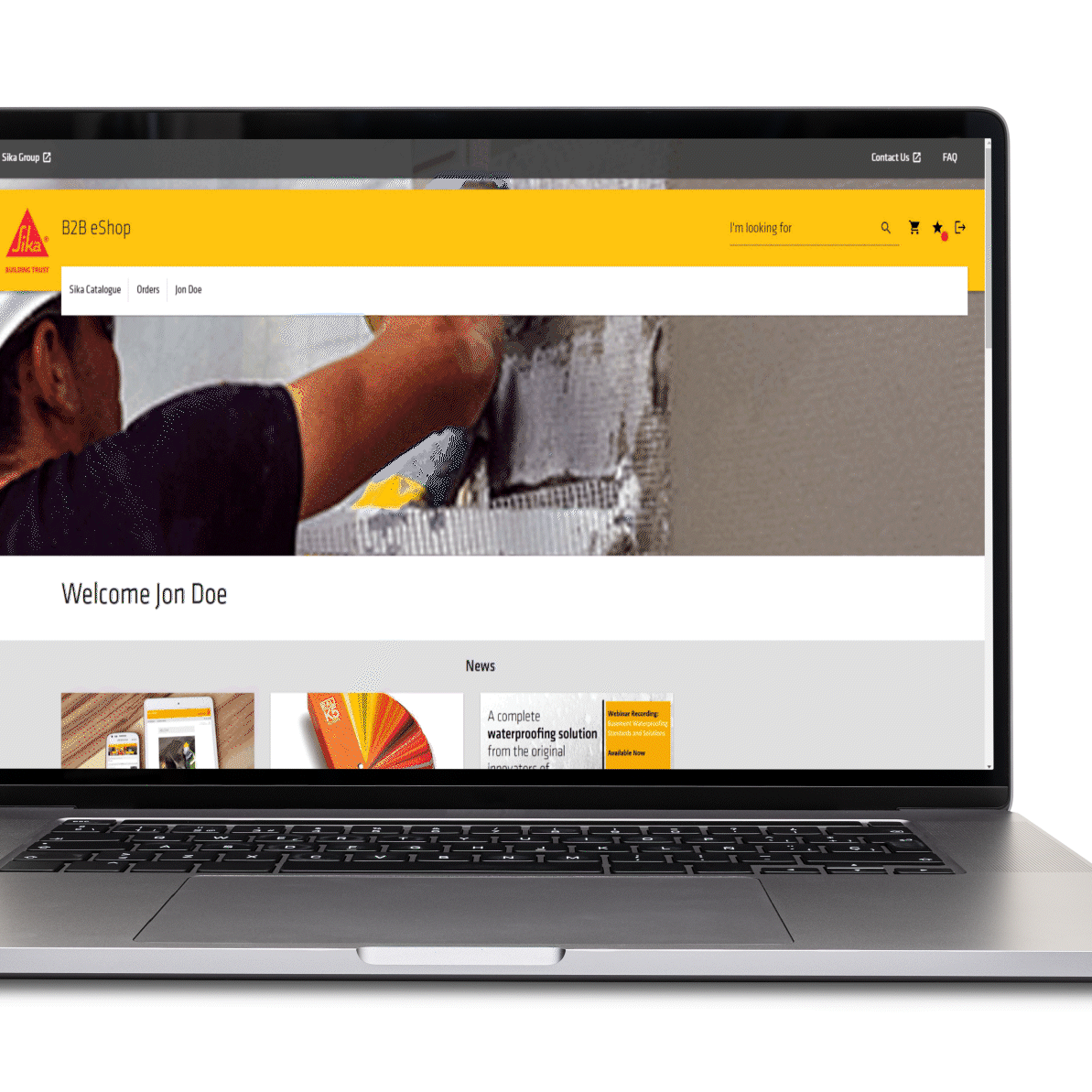 Animated GIF showing checkout process in Sika B2B eshop on laptop screen