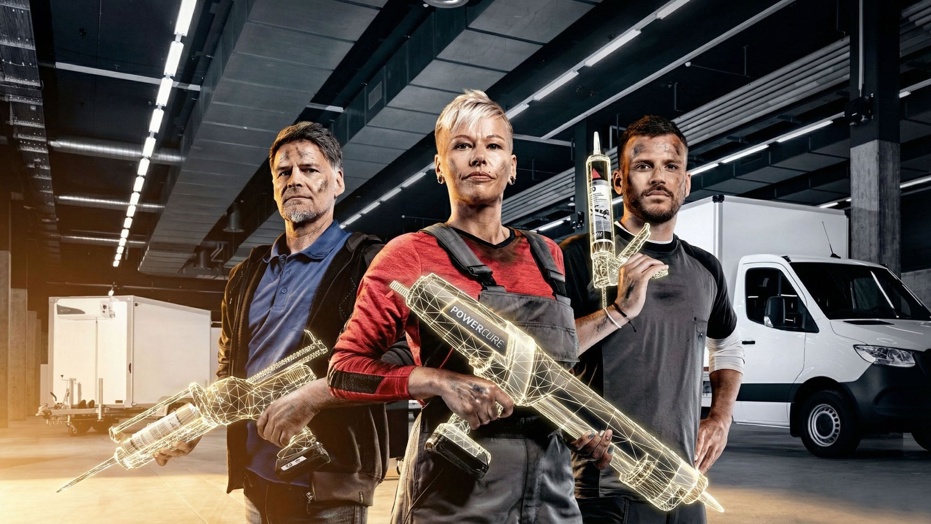Workers holding futuristic tools in warehouse