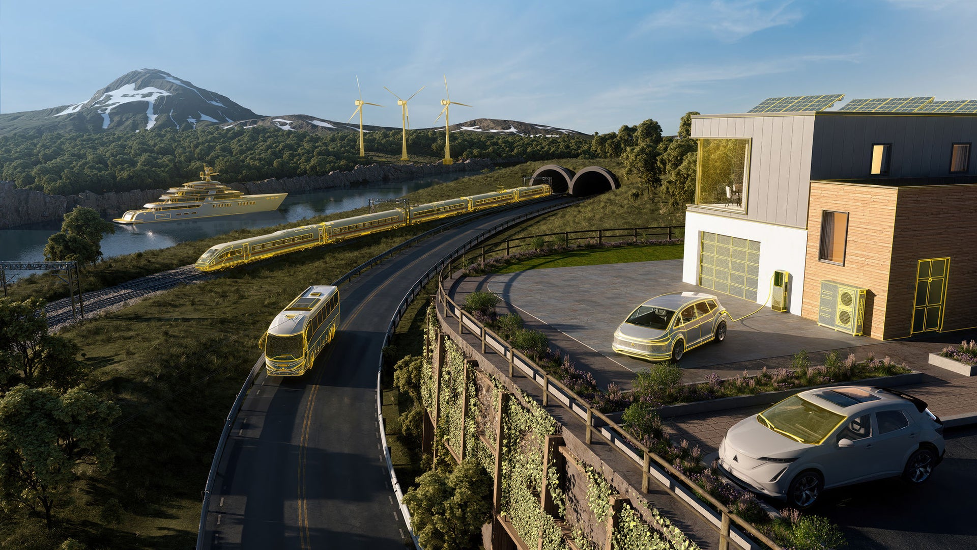 Landscape with a building, a street with vehicles on and wind turbines in the back. There is also a lake with a ship. The yellow highlighted objects in the picture are showing in which markets Sika A&I is active.   