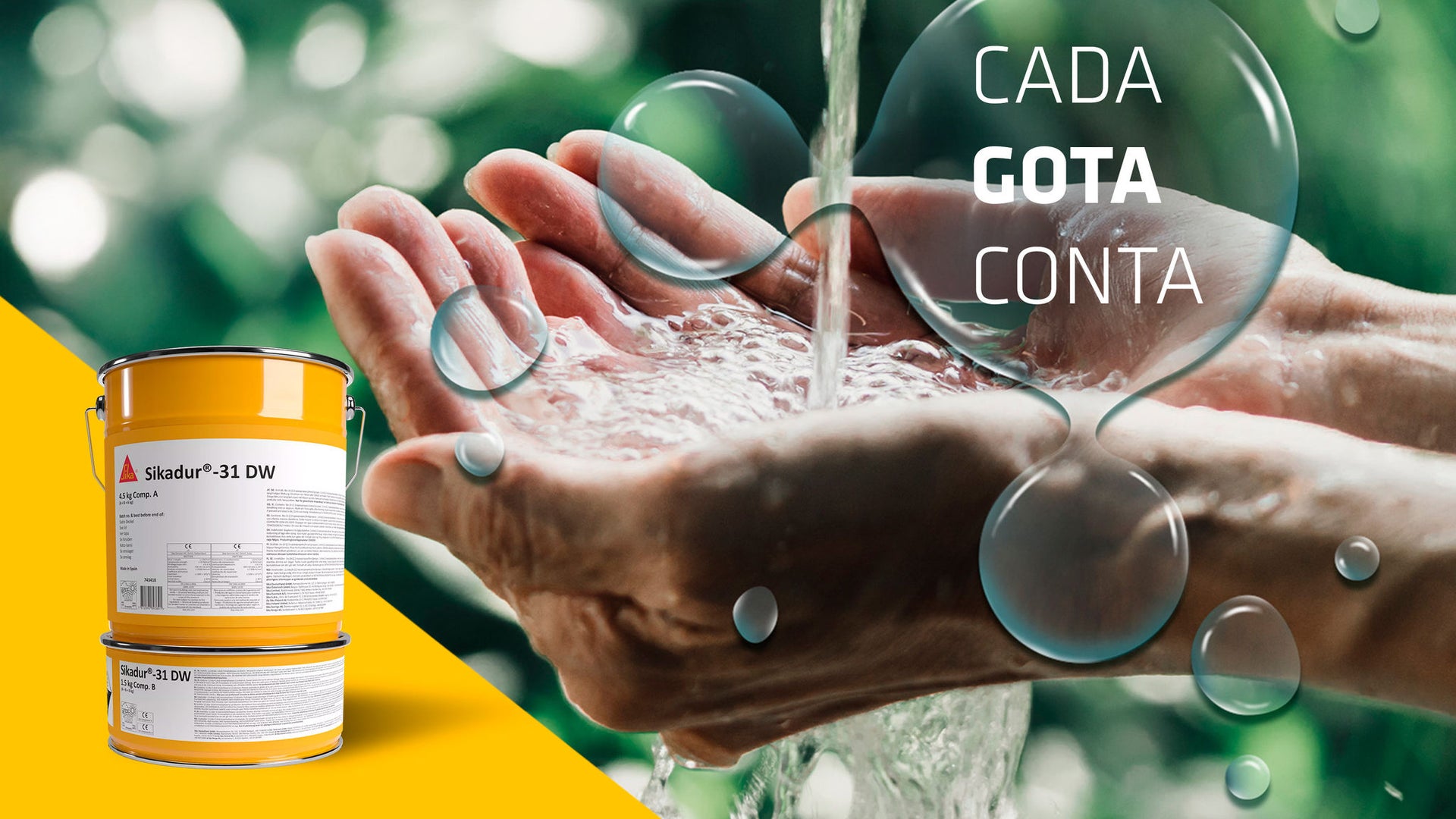 Hands catching clean water with product buckets
