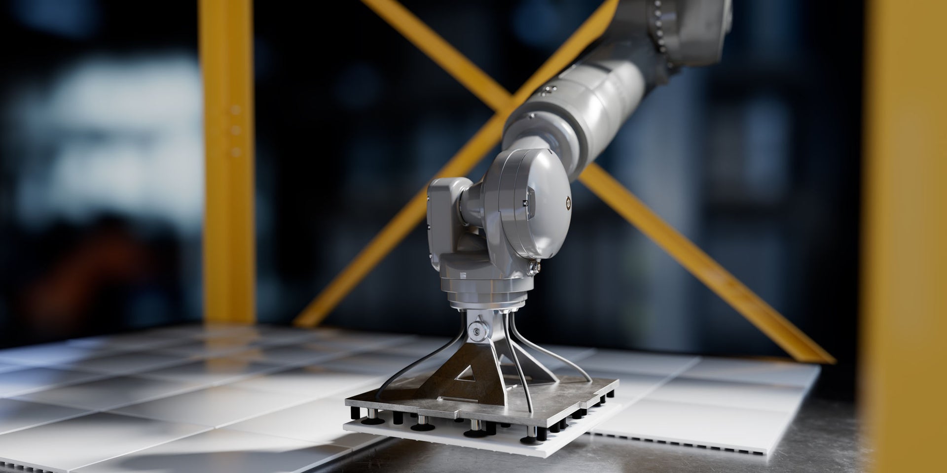 Robot head placing tile in pod module 