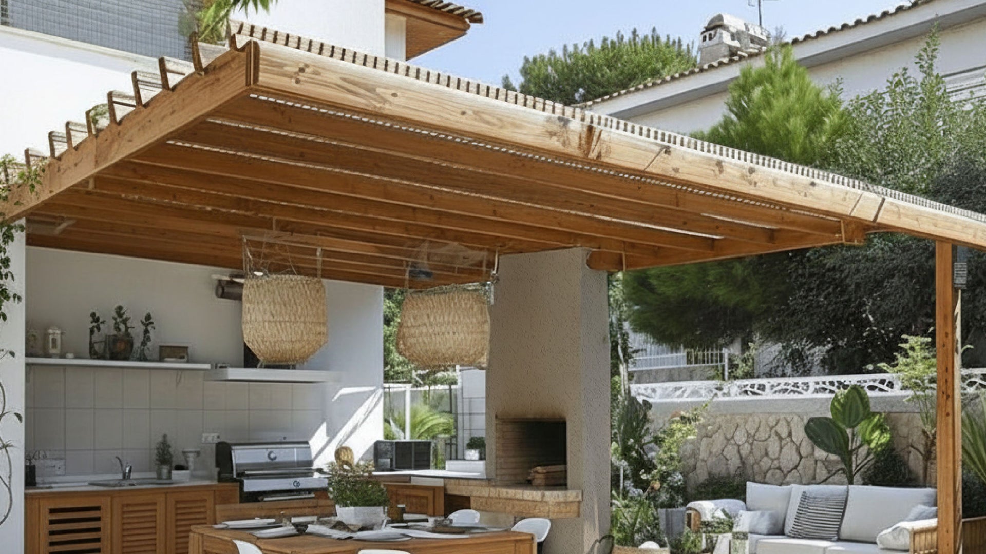 Modern outdoor kitchen and dining area with pergola