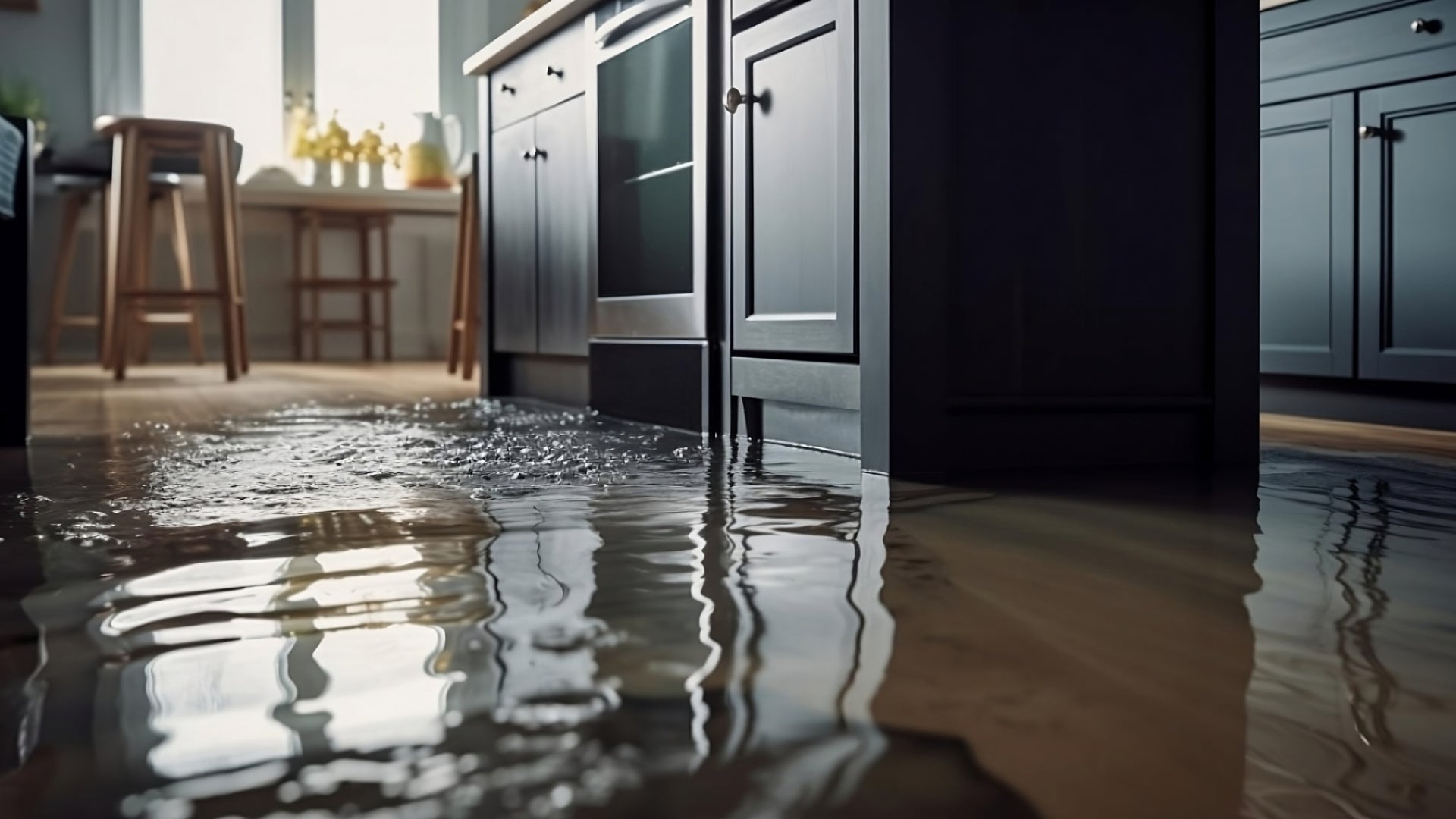 Flooded Modern Kitchen with Water on Floor