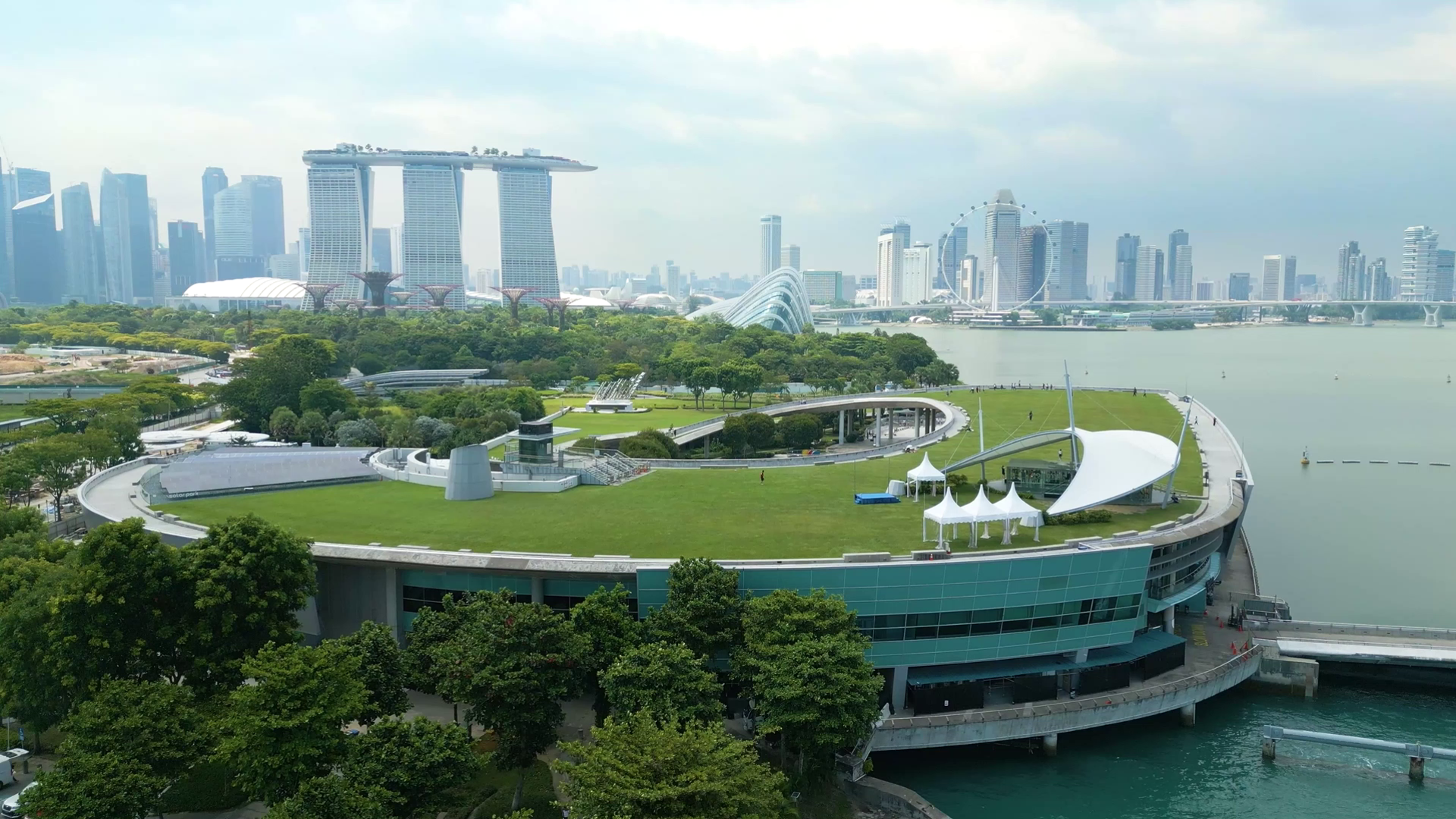 Waterfront cityscape with modern green rooftop