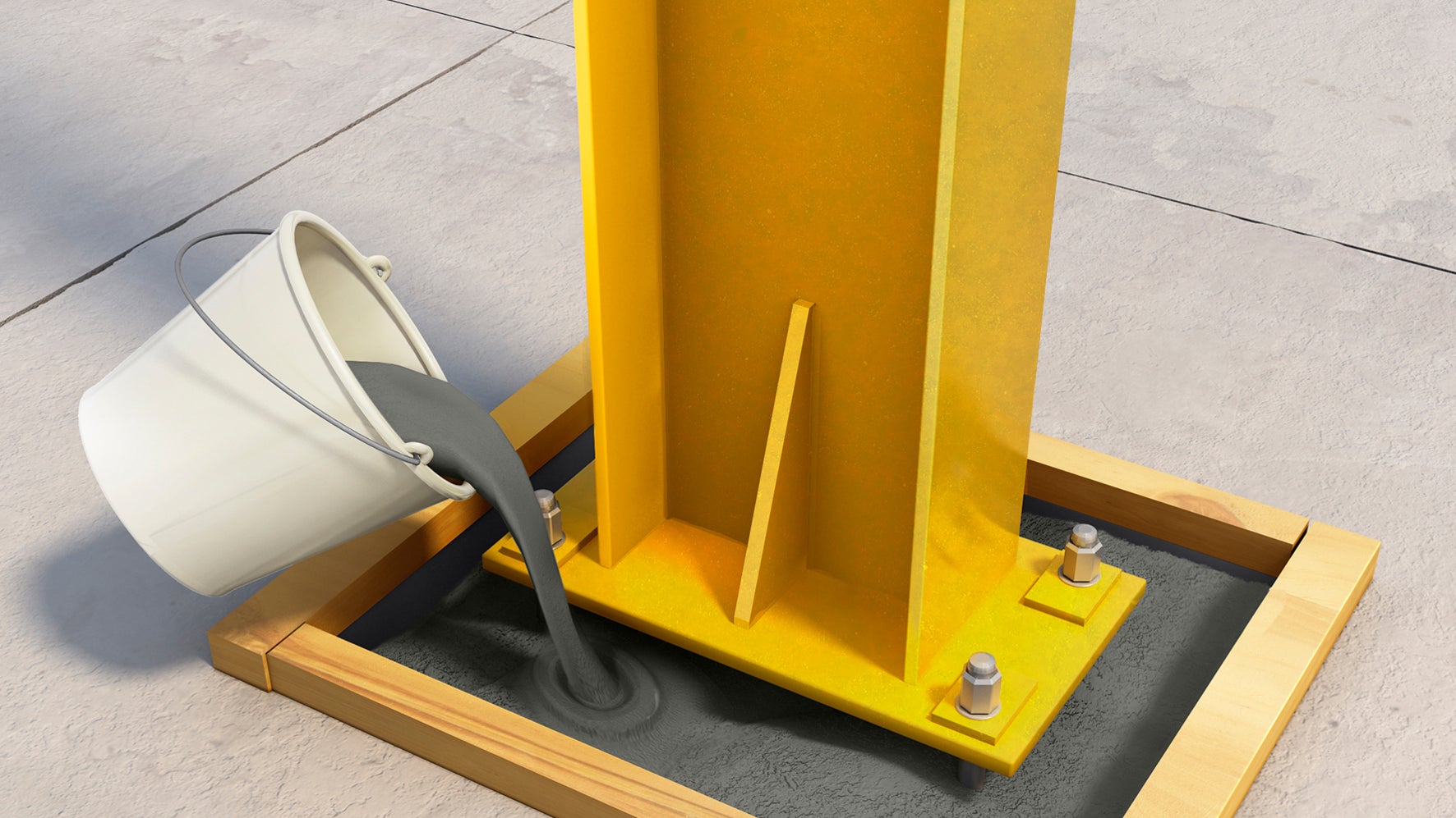 A yellow steel girder is fixed with concrete