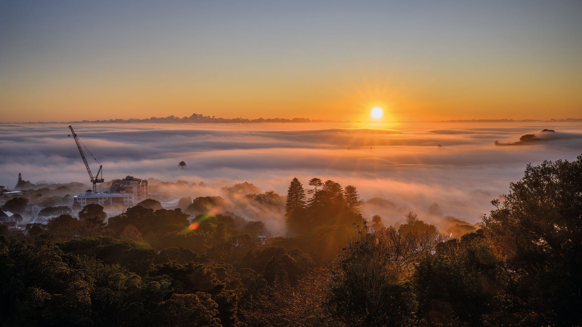 Sunrise Over Foggy Cityscape With Construction Crane