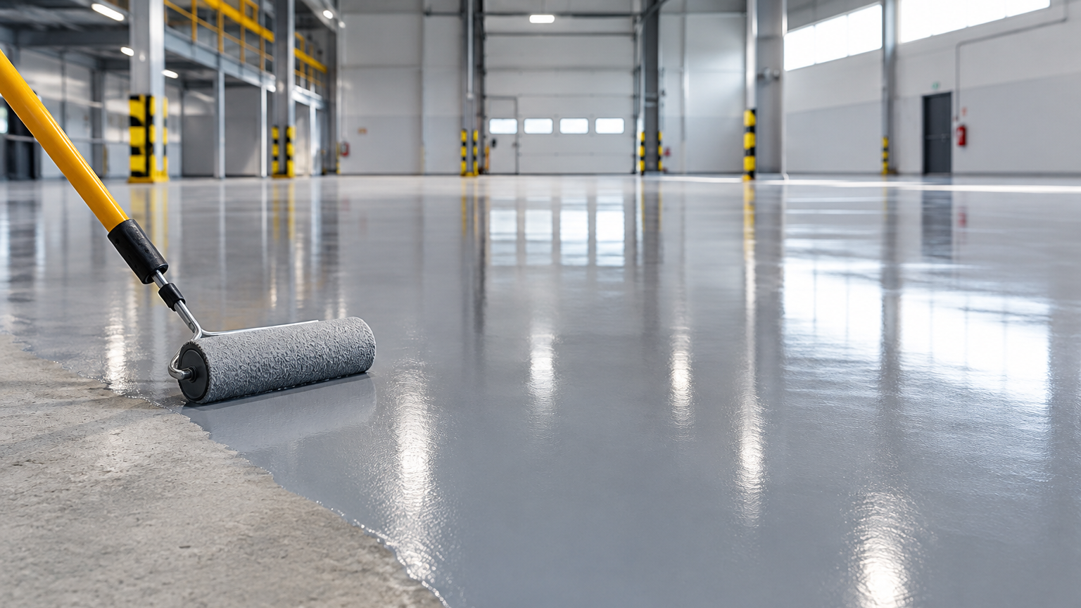 Worker rolling gray epoxy floor coating