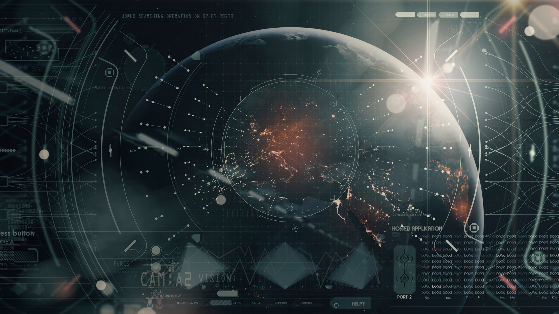 Futuristic digital interface with Earth and data overlays