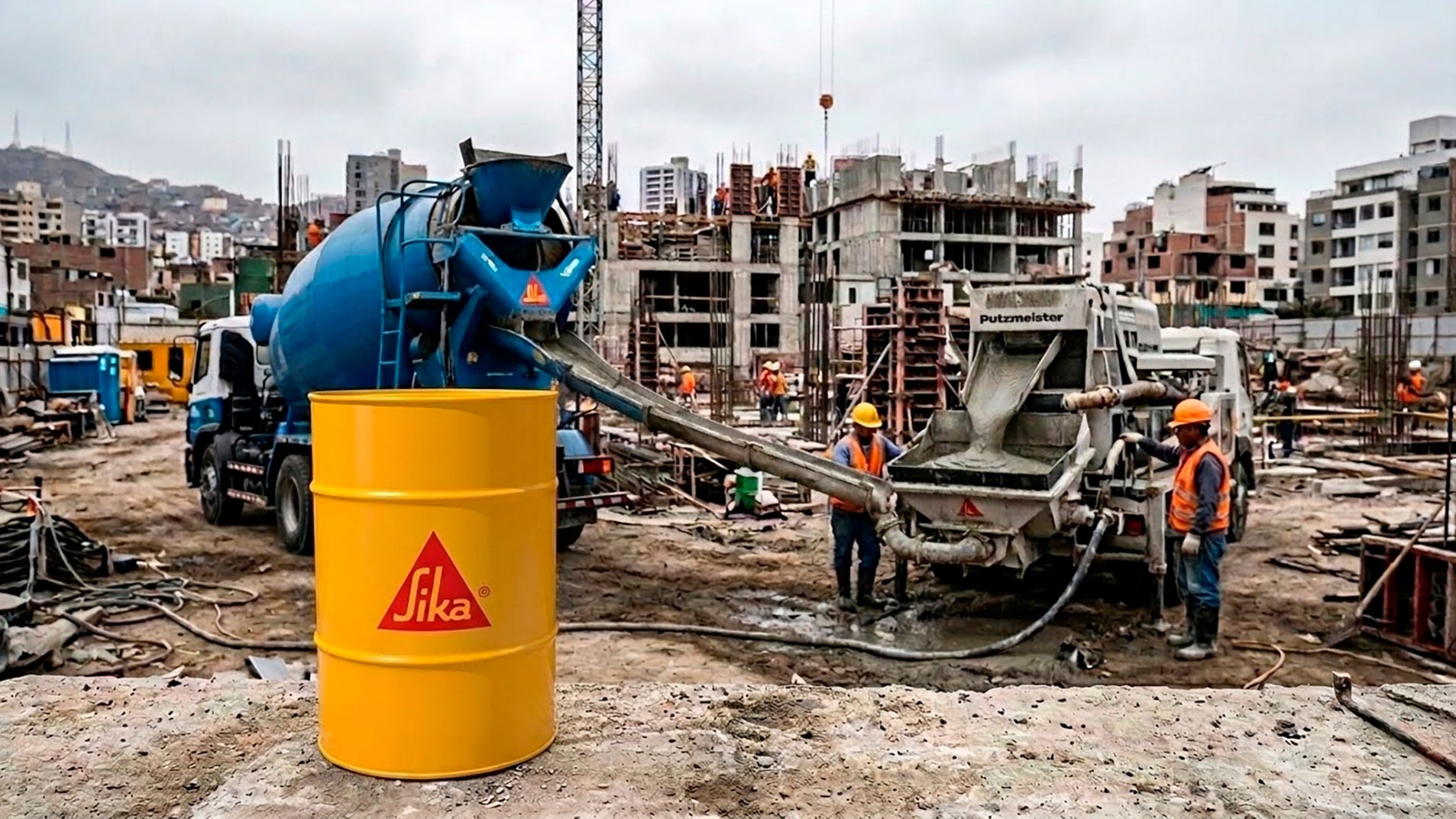 Construction workers with concrete mixer and drum