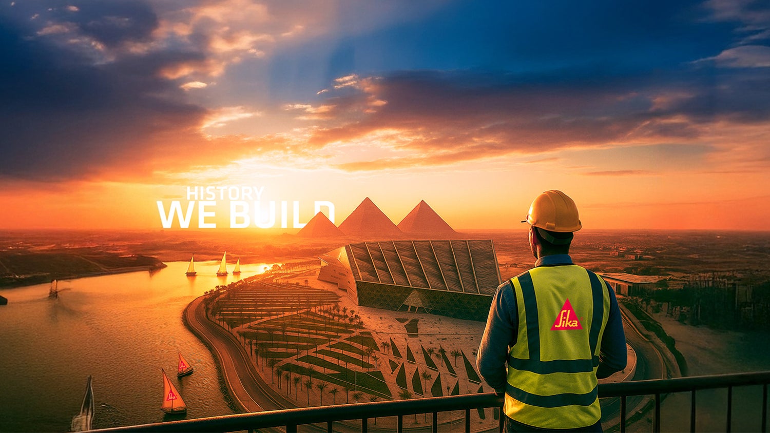 Construction worker overlooking pyramids at sunset