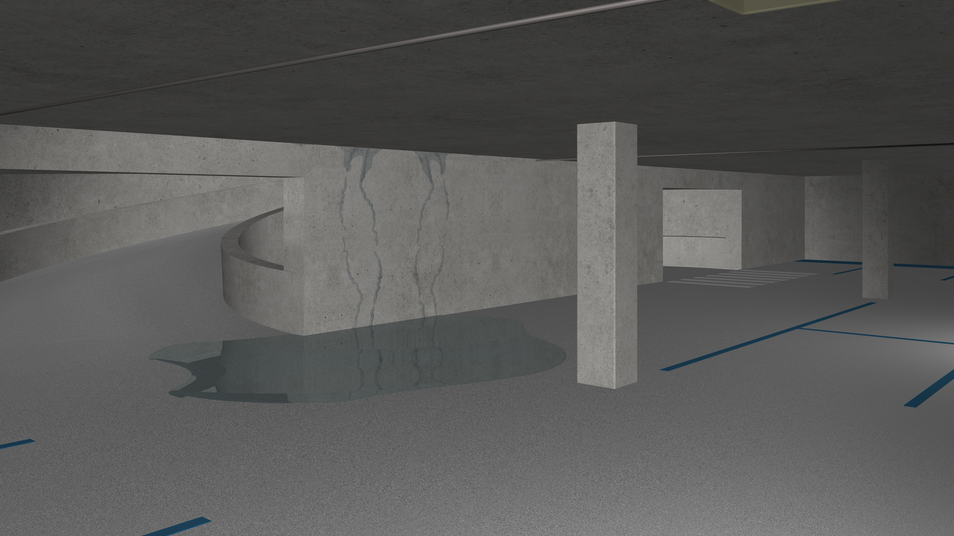 Empty parking garage with water leaking trhough the ceiling and a puddle on the floor