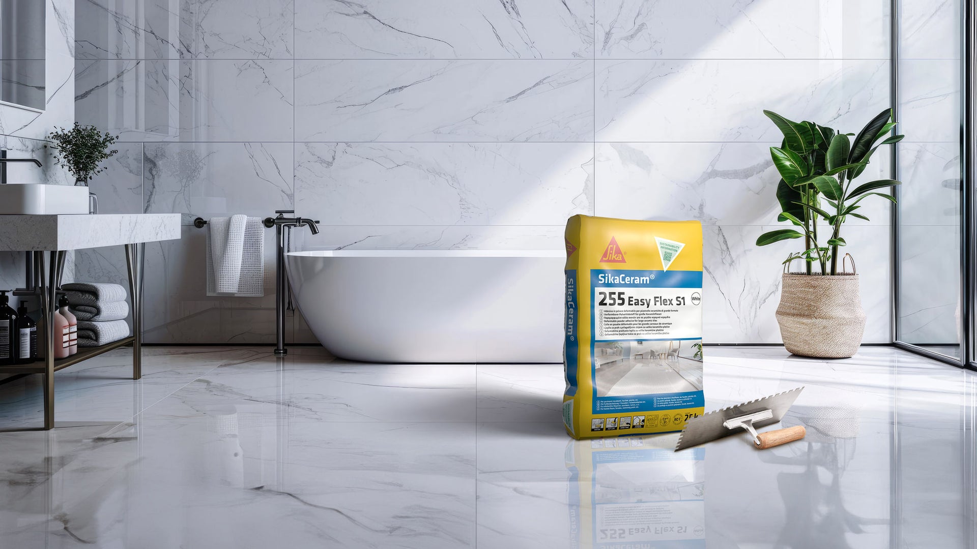 Tile adhesive bag in modern marble bathroom