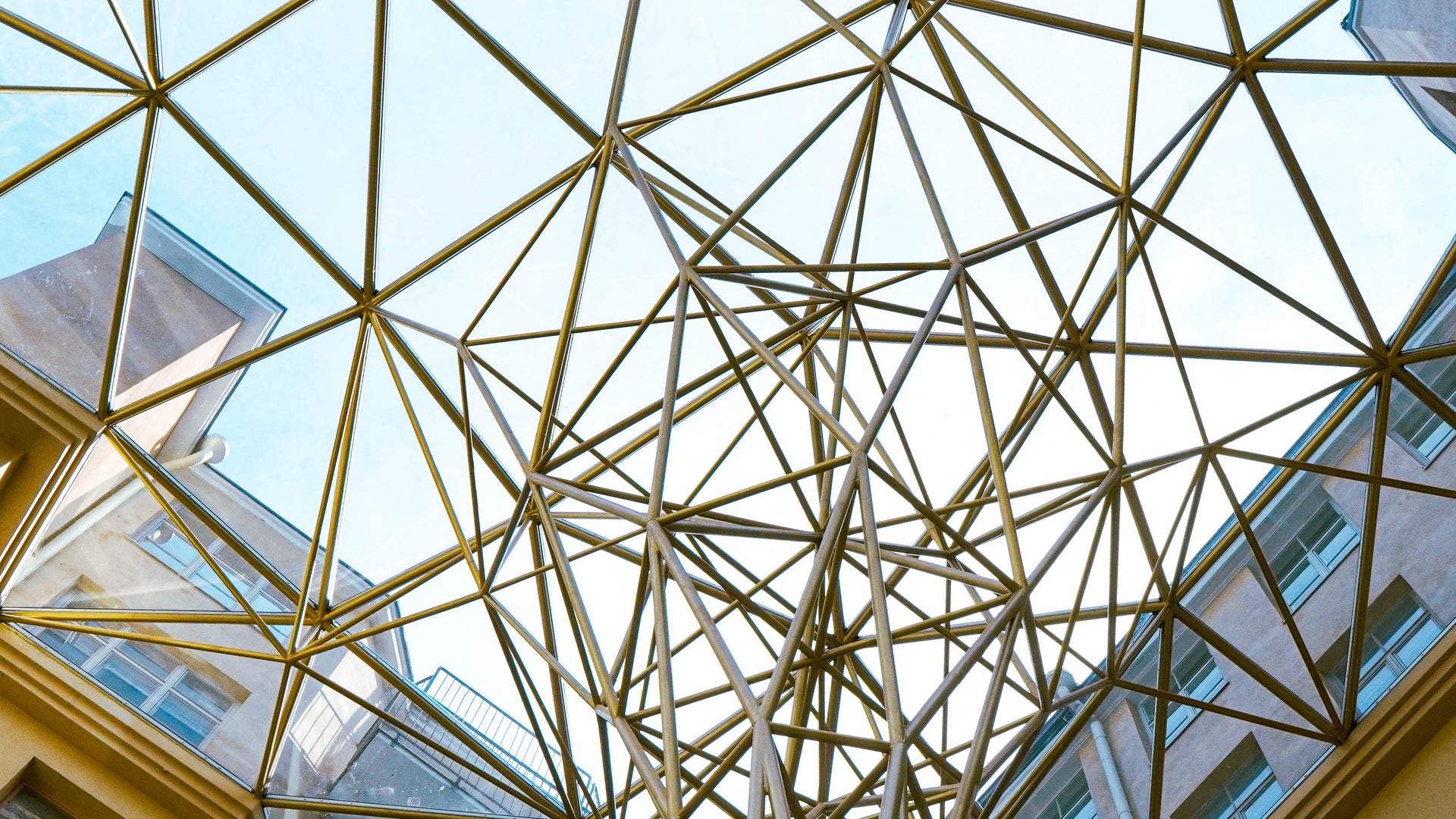 Modern atrium with geometric metal framework