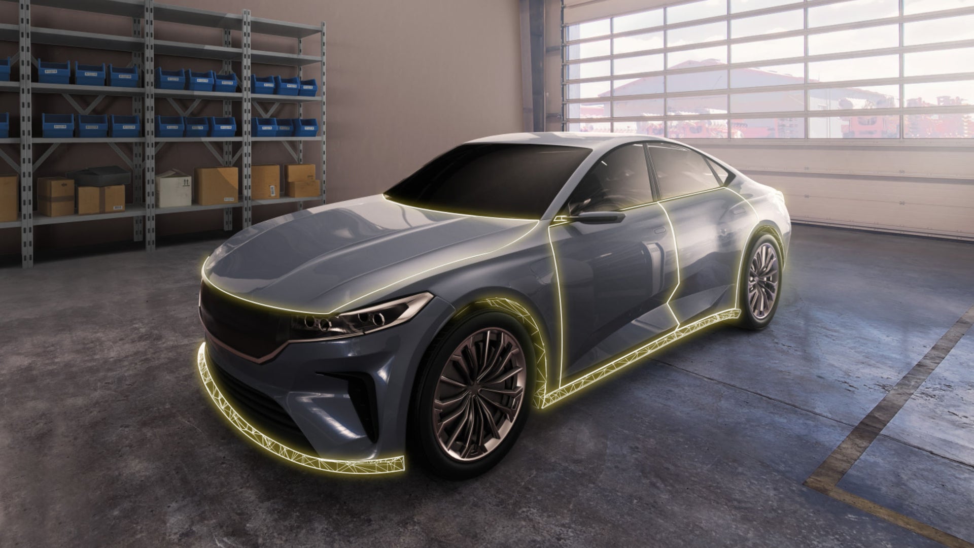a car in a repair workshop with yellow highlighted lines representing sealing applications  