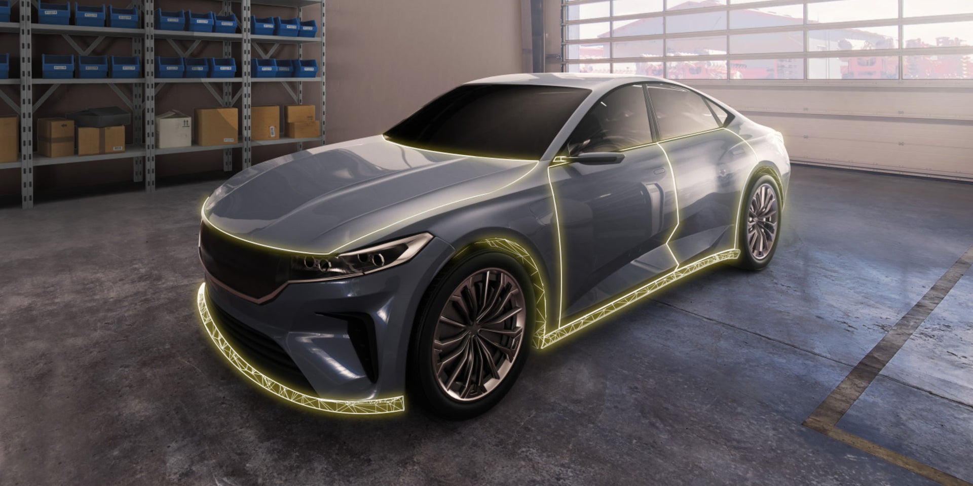 a car in a repair workshop with yellow highlighted lines representing sealing applications  