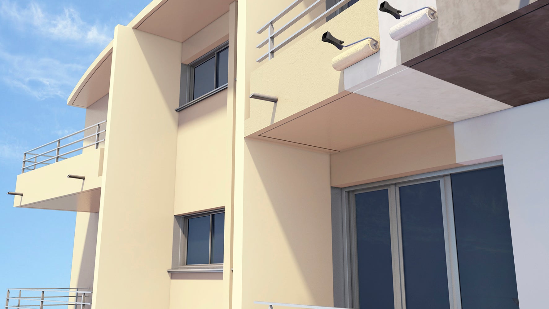 Facade coating primer Sikagard application with rollers on beige building balcony