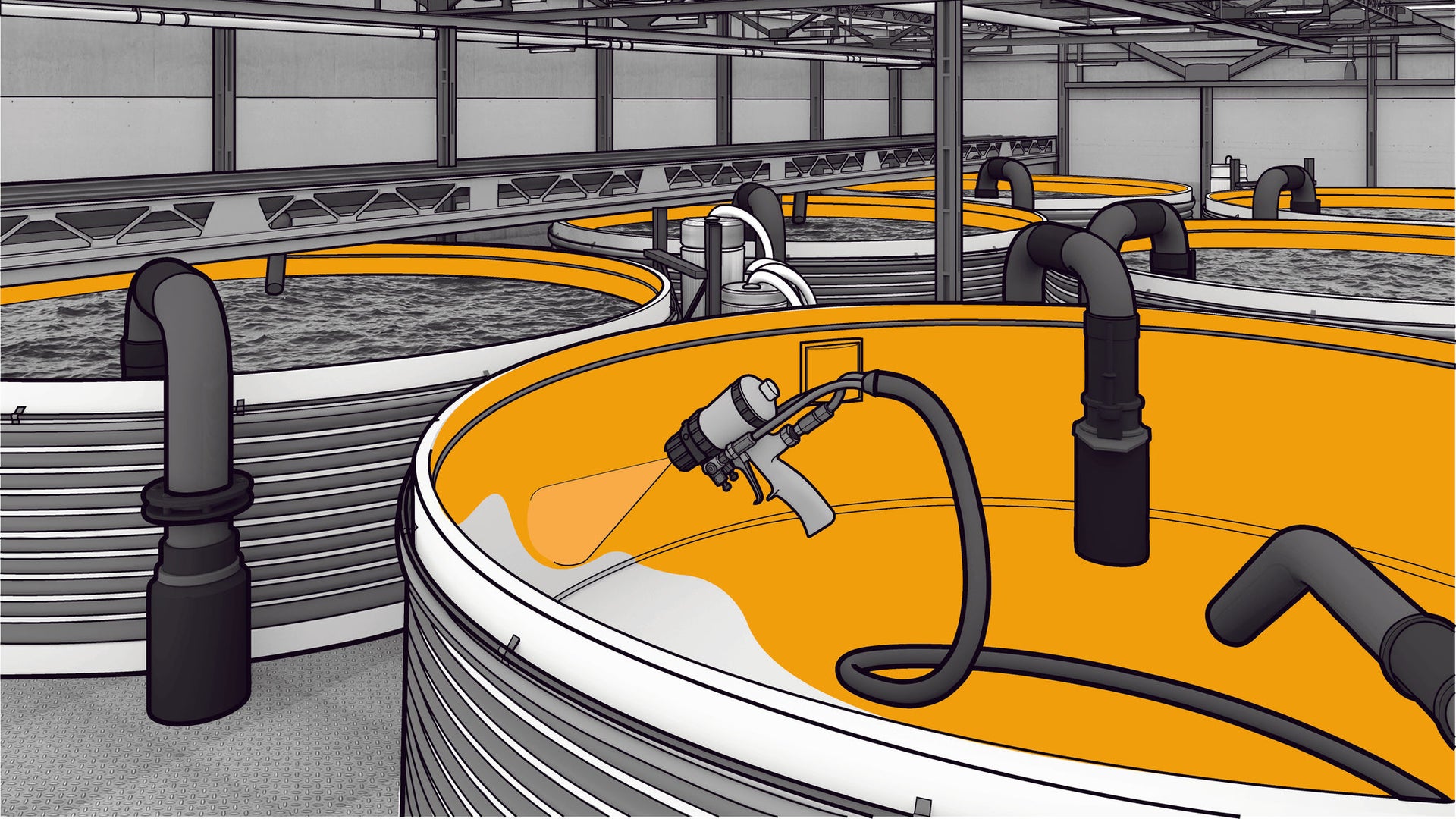 Polyurea being spray-applied to industrial aquaculture tanks with piping system