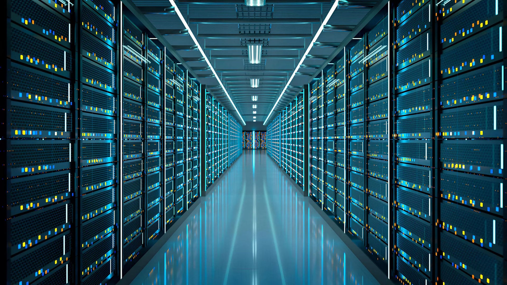 Modern data center server racks with blue lighting