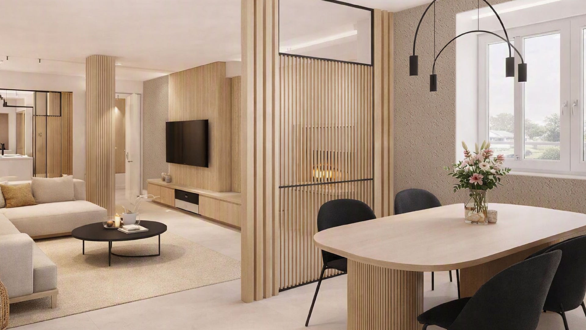 Modern Scandinavian open-plan living and dining