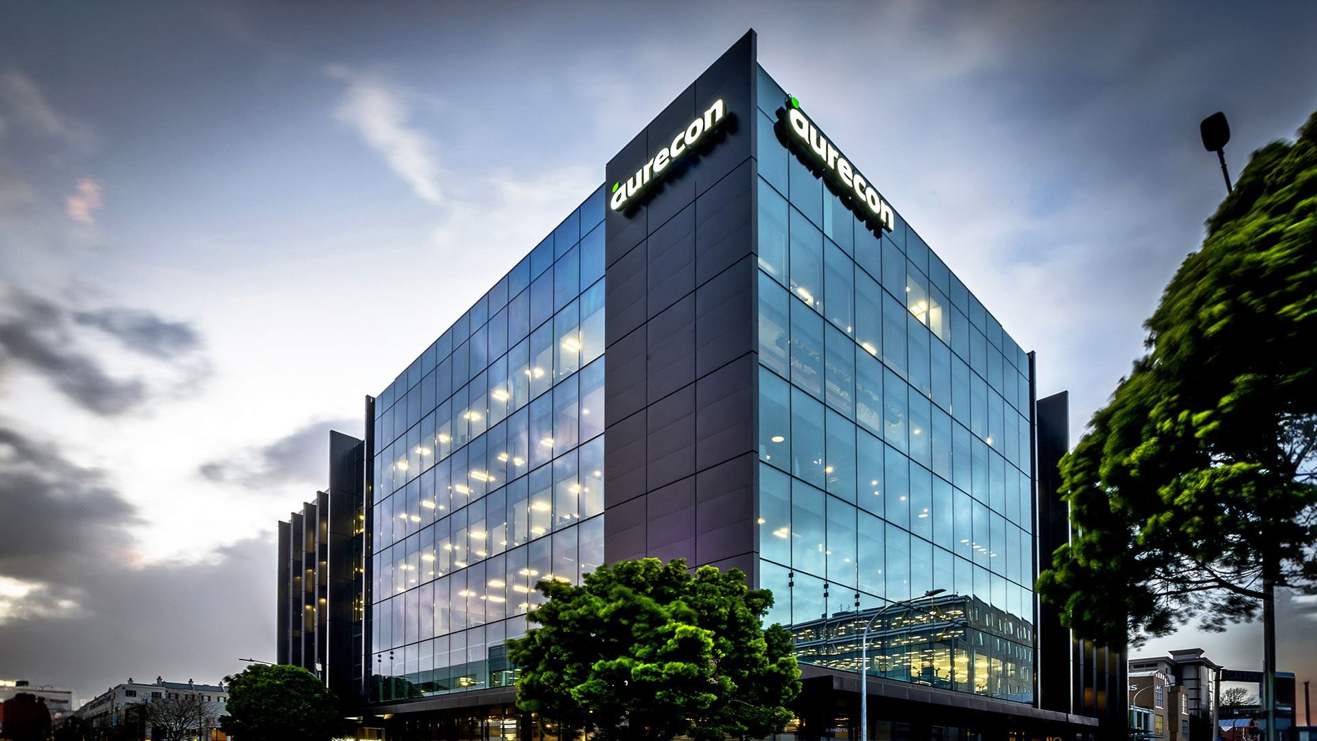 Modern Aurecon office building at dusk