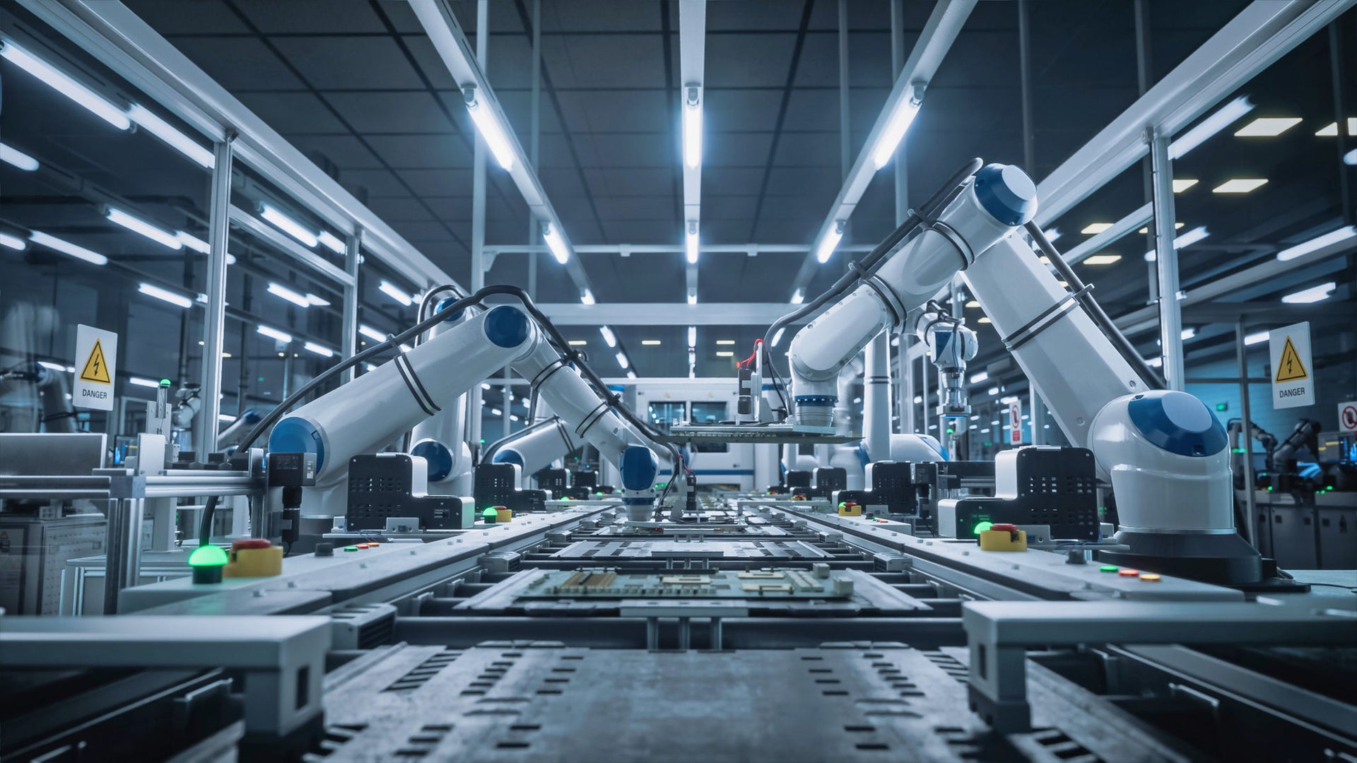 Robotic arms automate assembly line in modern factory