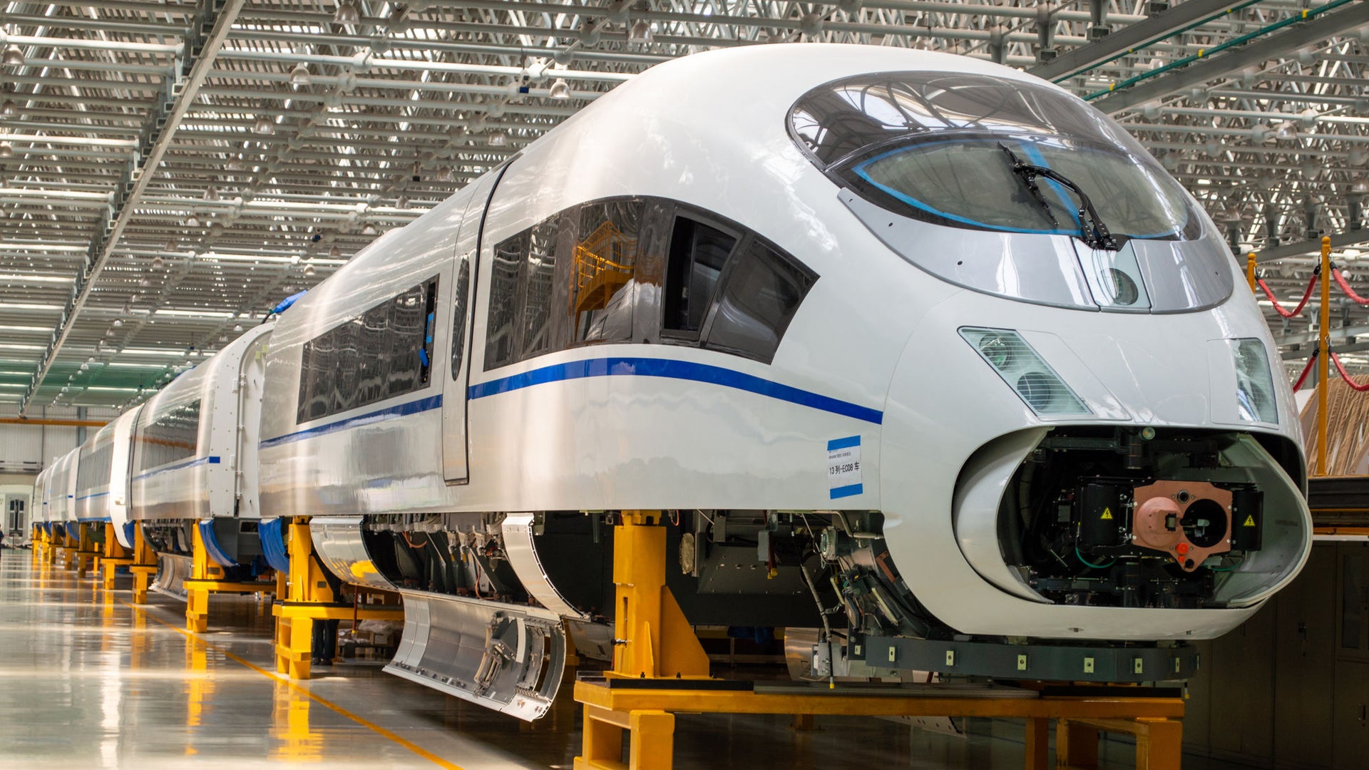 Modern high-speed train in assembly facility
