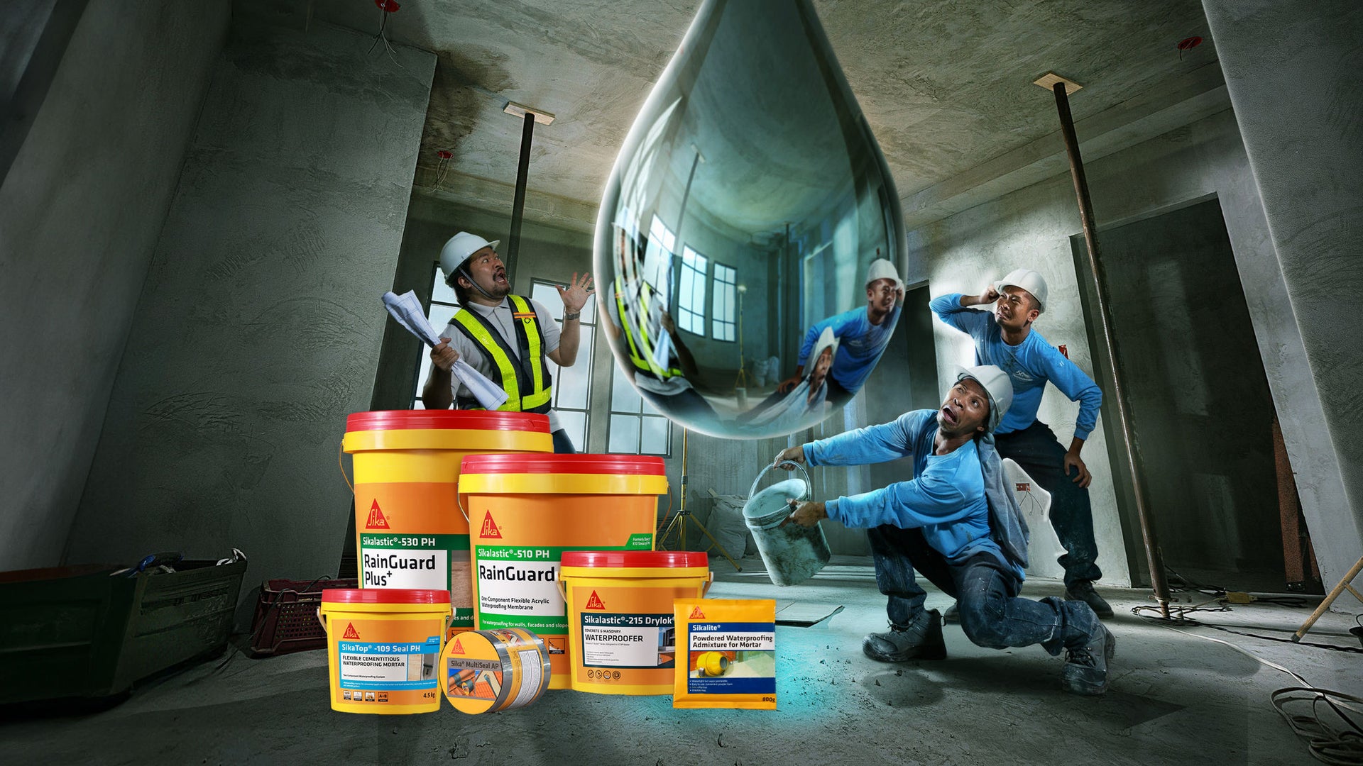 Construction workers with giant suspended water droplet