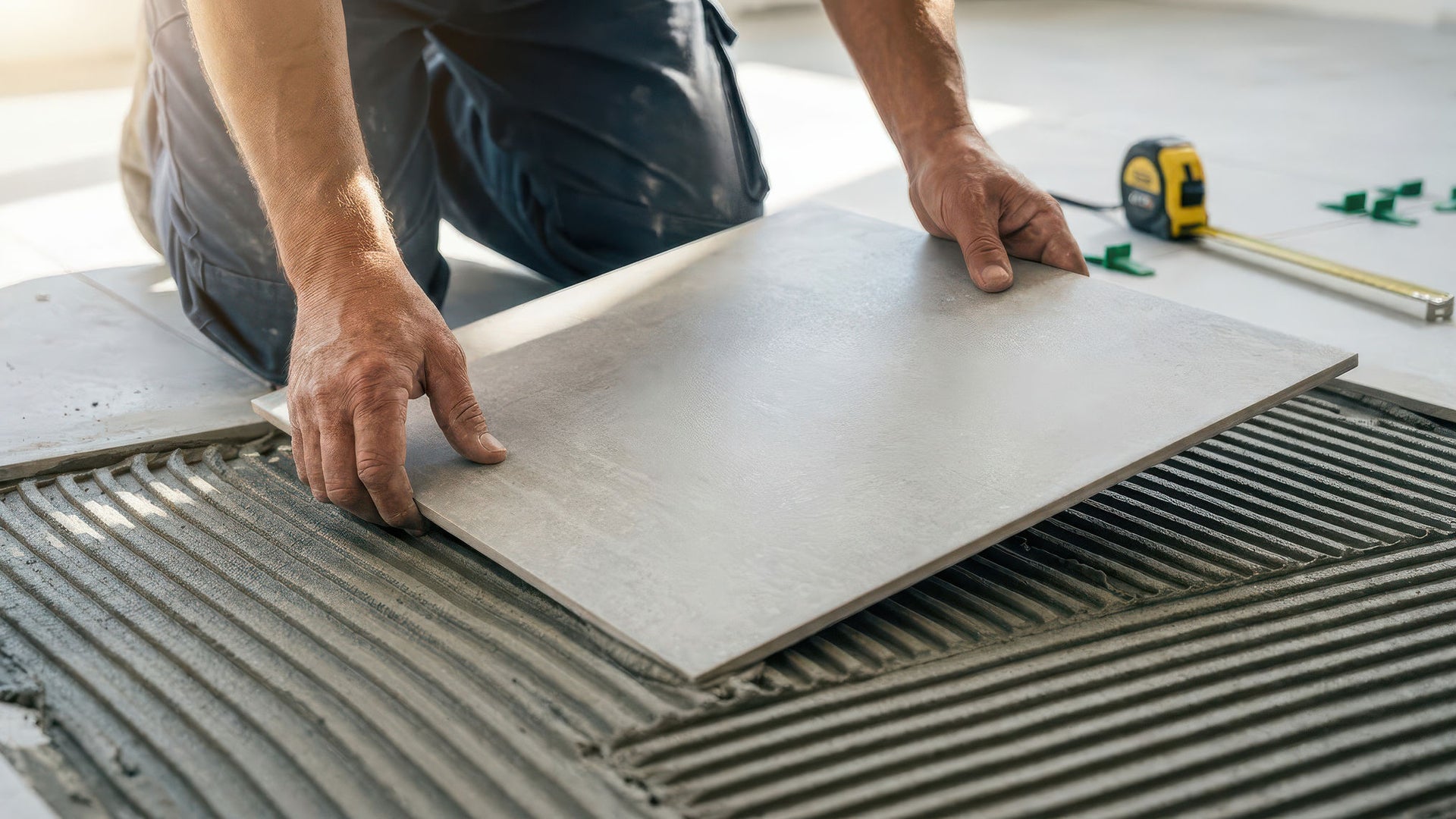 Worker installing ceramic floor tile on mortar