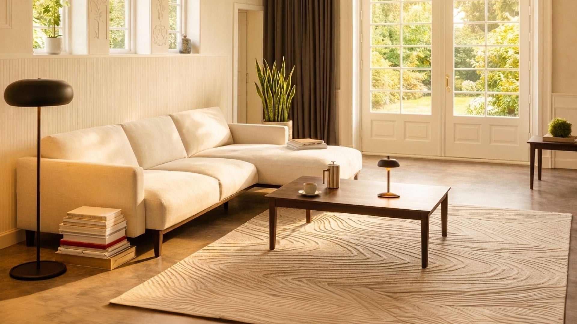 Sunlit modern living room with beige sofa