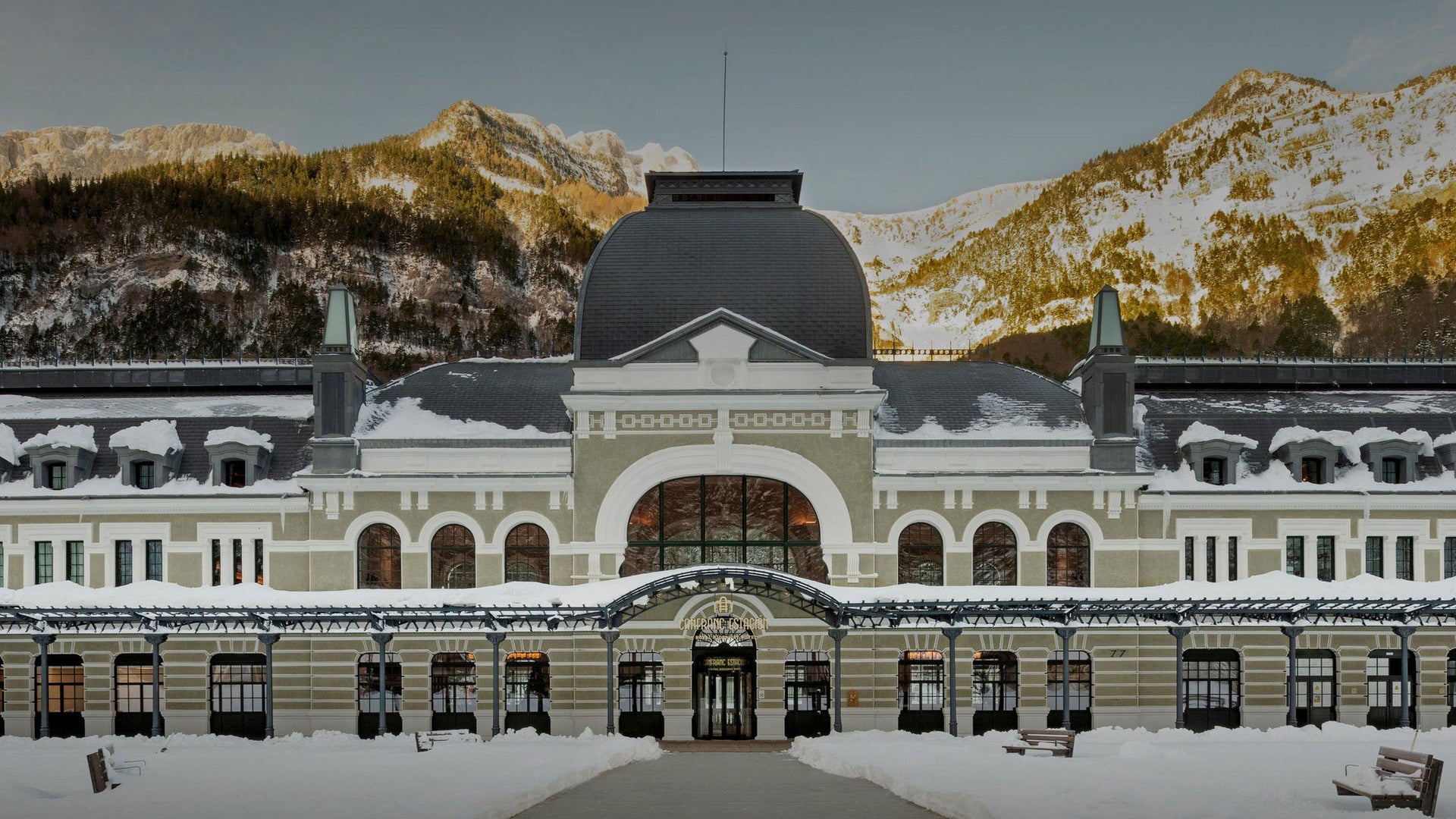 Historic building in snowy mountain setting