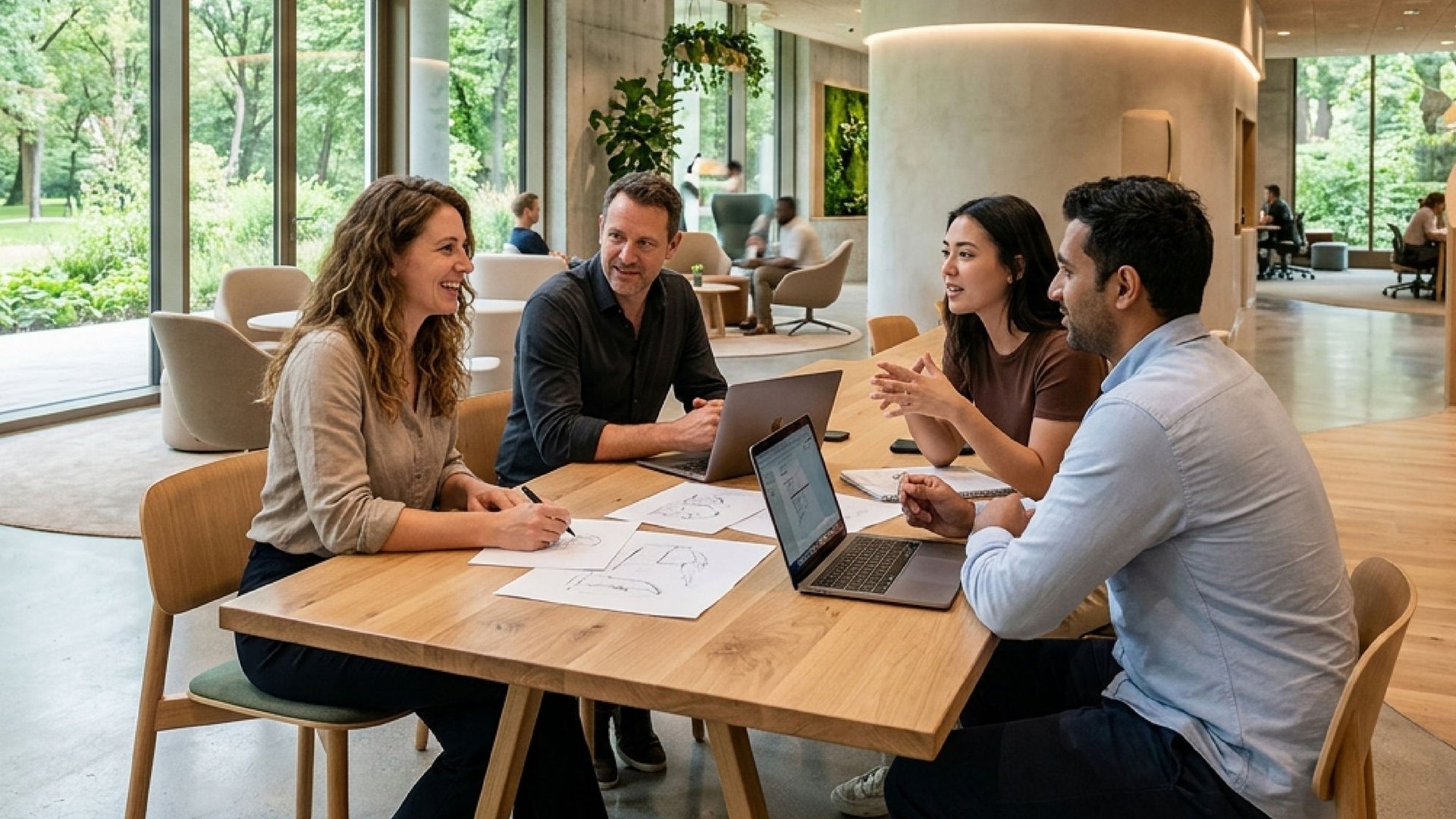 Team meeting in modern open office lounge
