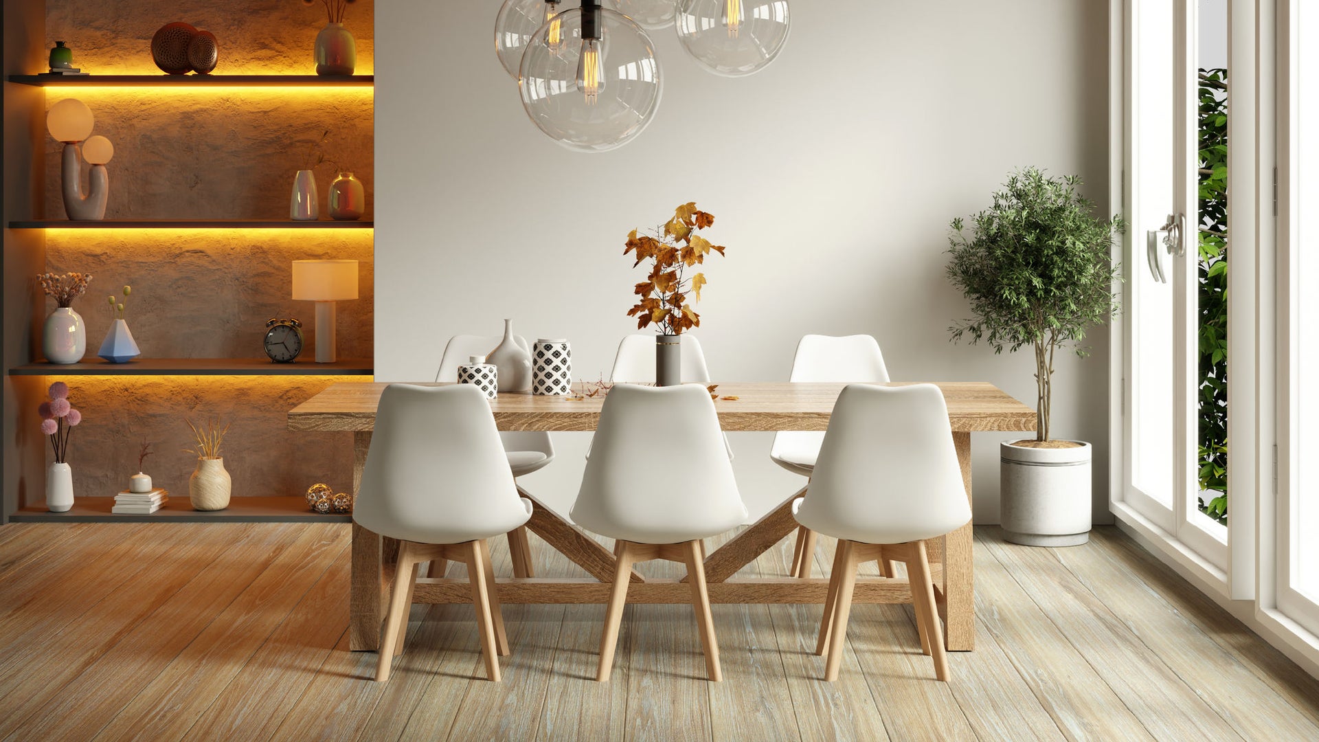 Modern dining room with minimalist decor and lighting