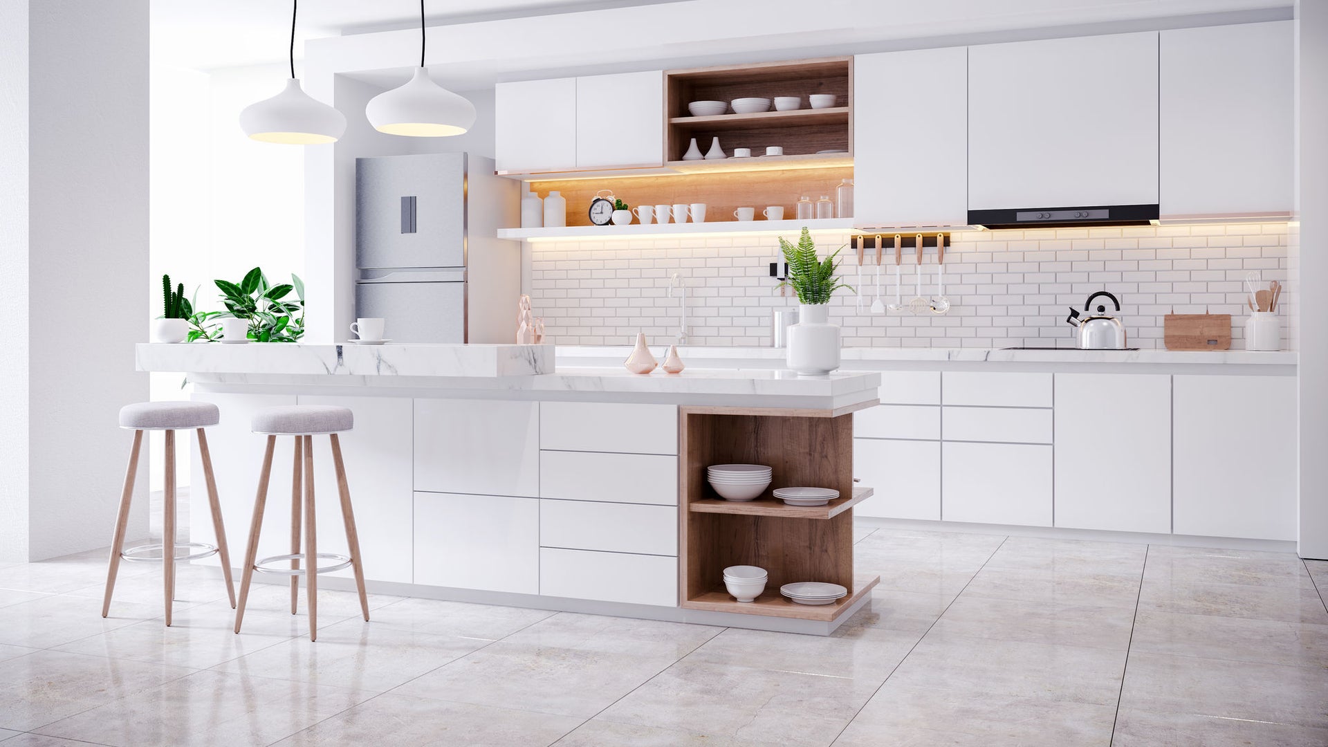Bright modern white kitchen interior design