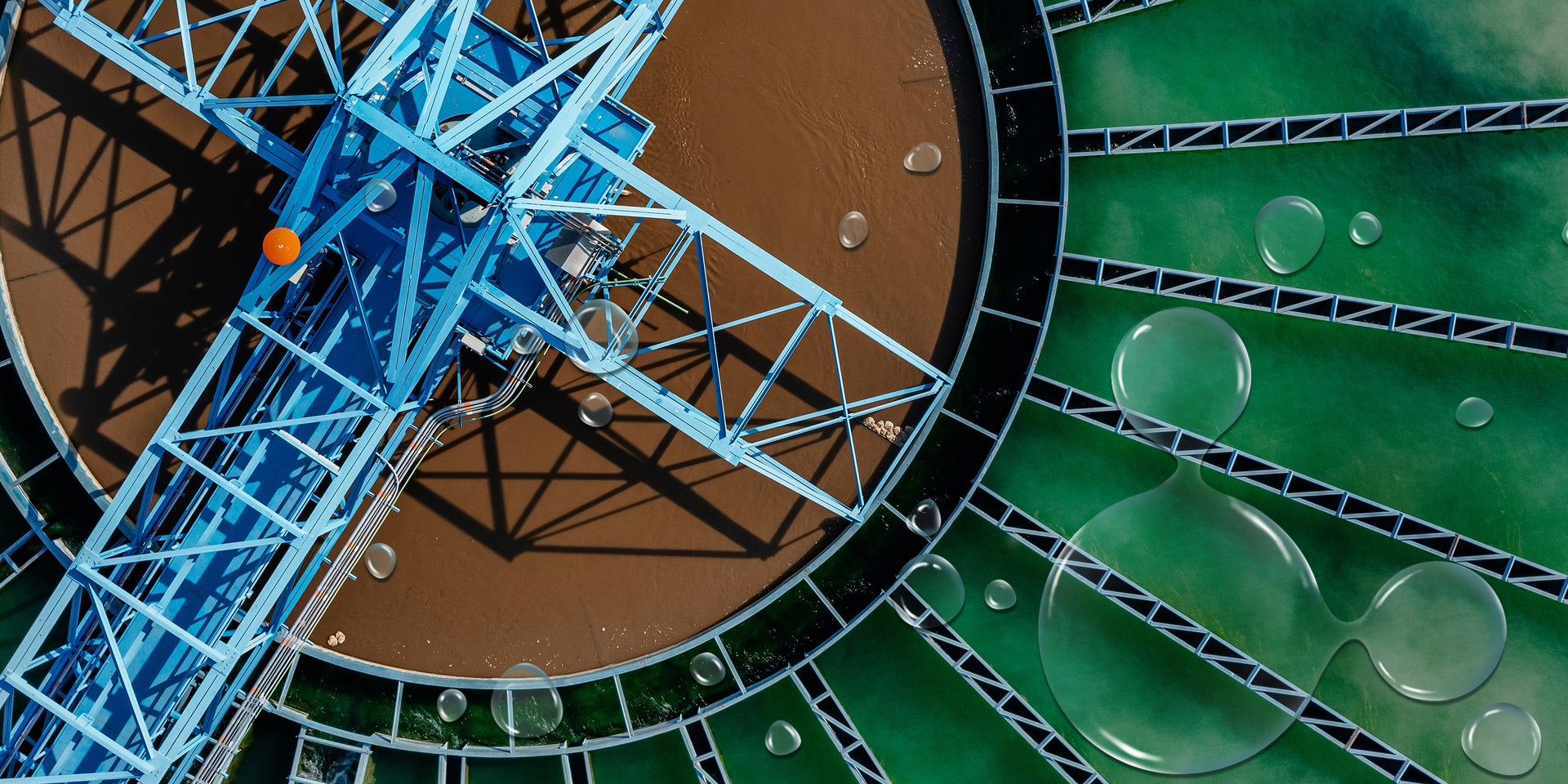 waste water treatment plant birds eye view with blue structure