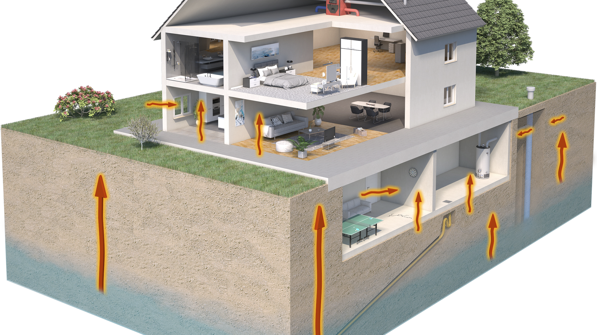 Illustration of house cross-section cutaway showing radon infiltrating below-ground into the basement