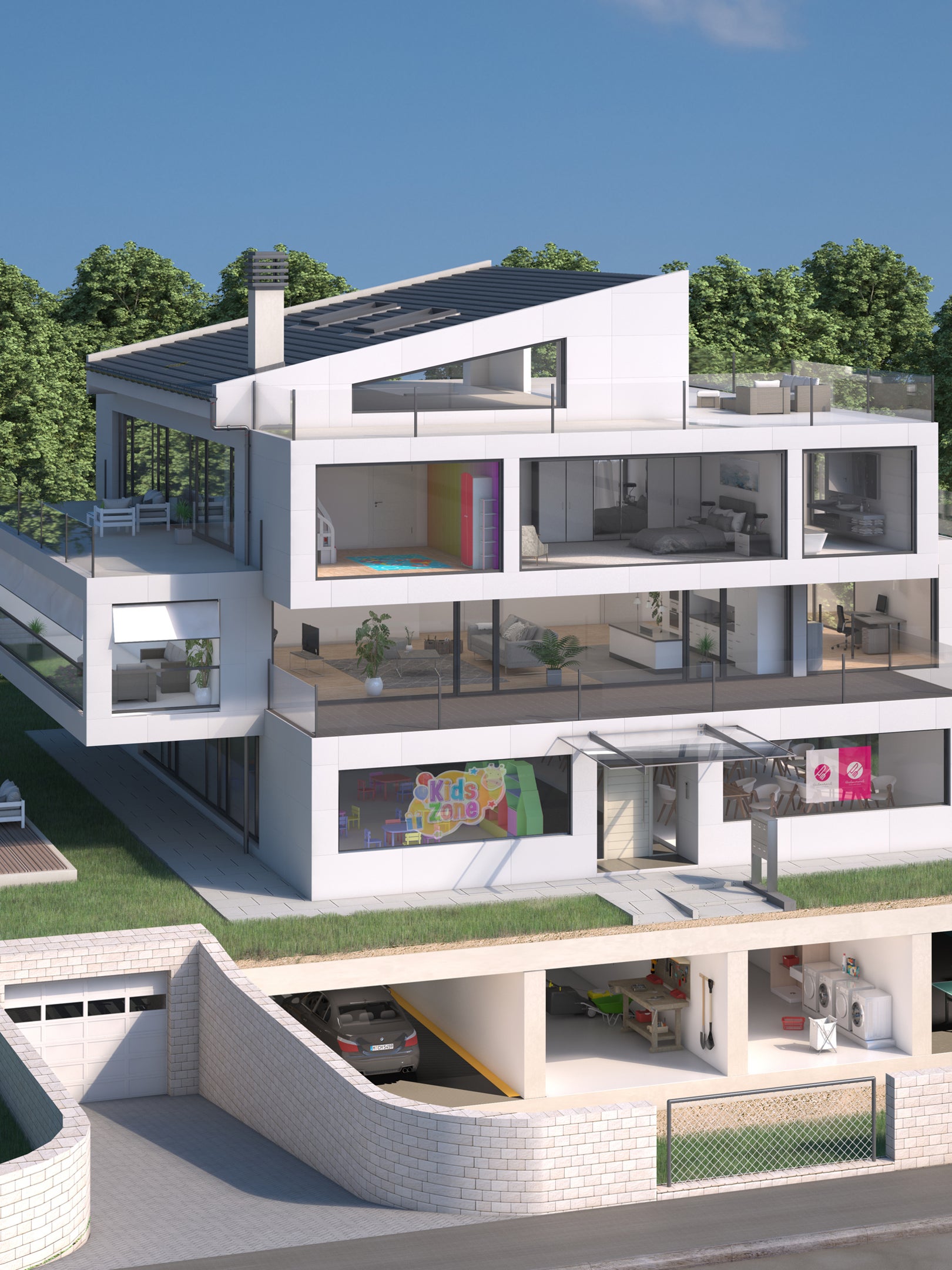 Modern multi-level house with underground garage