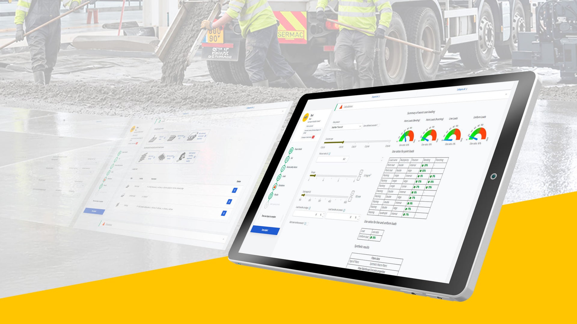 Construction workers using digital tablet dashboard