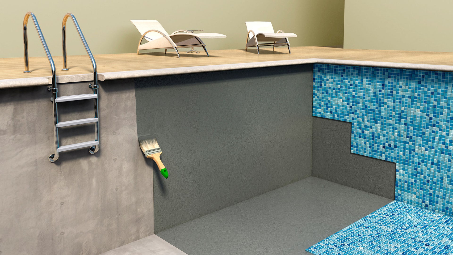 Concrete pool with grey paint and plates