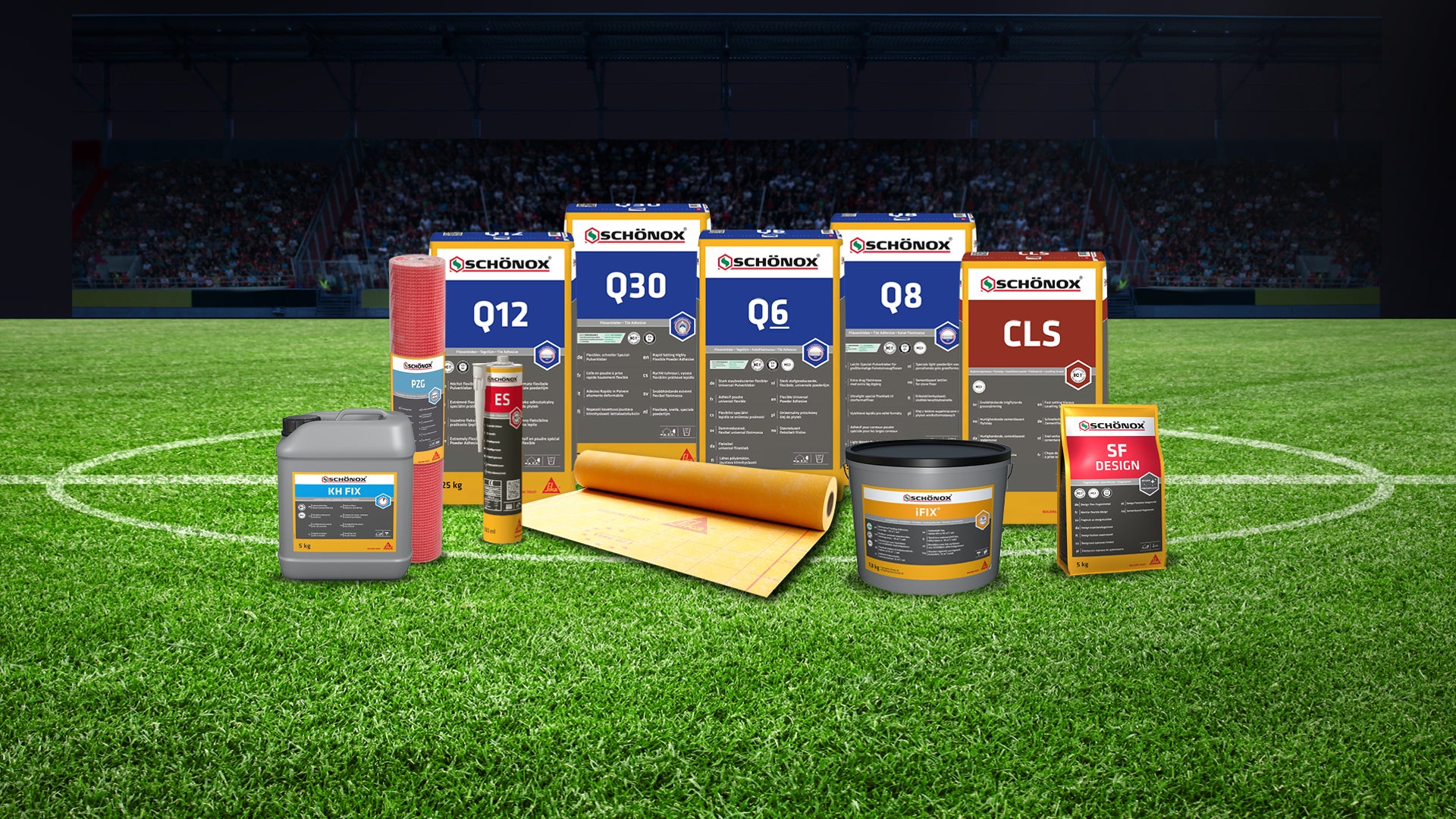 Construction products displayed on soccer field