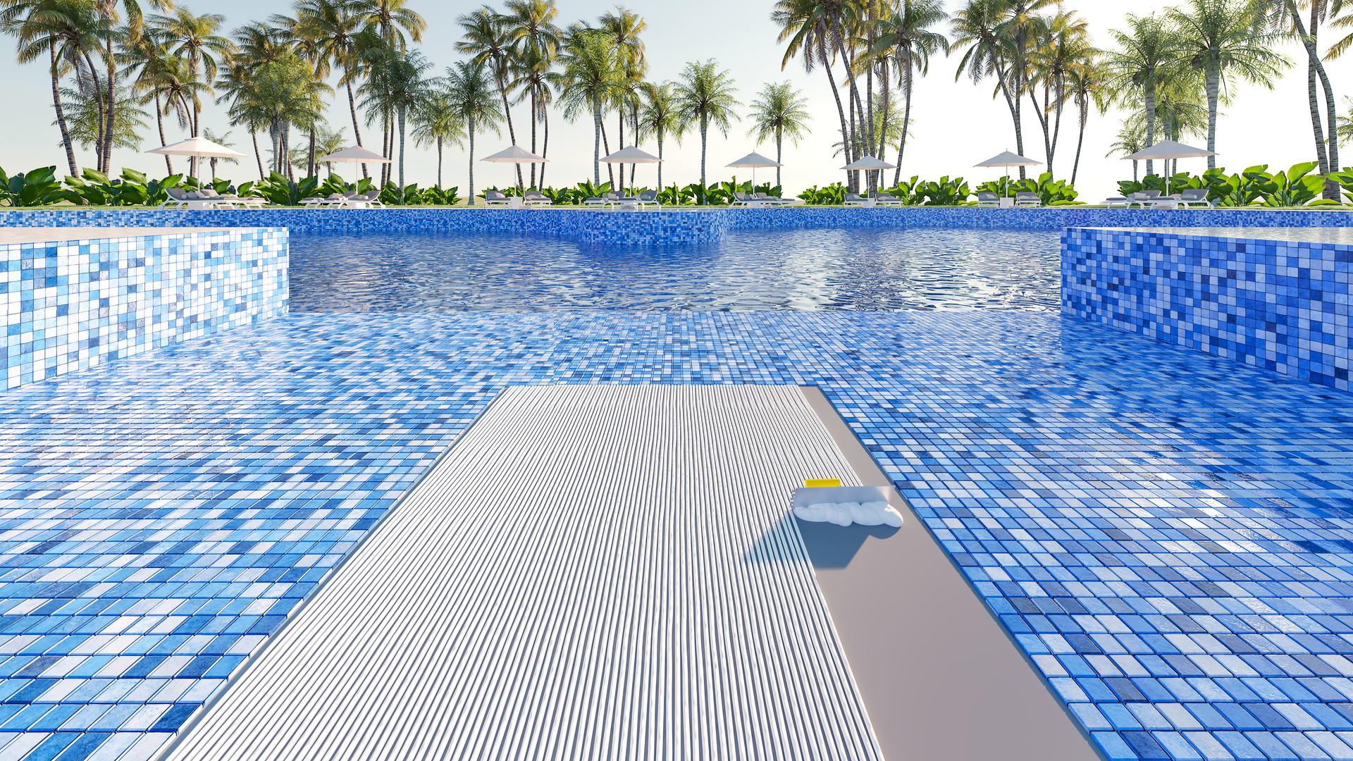 applying tile setting adhesive for blue tiles inside a pool