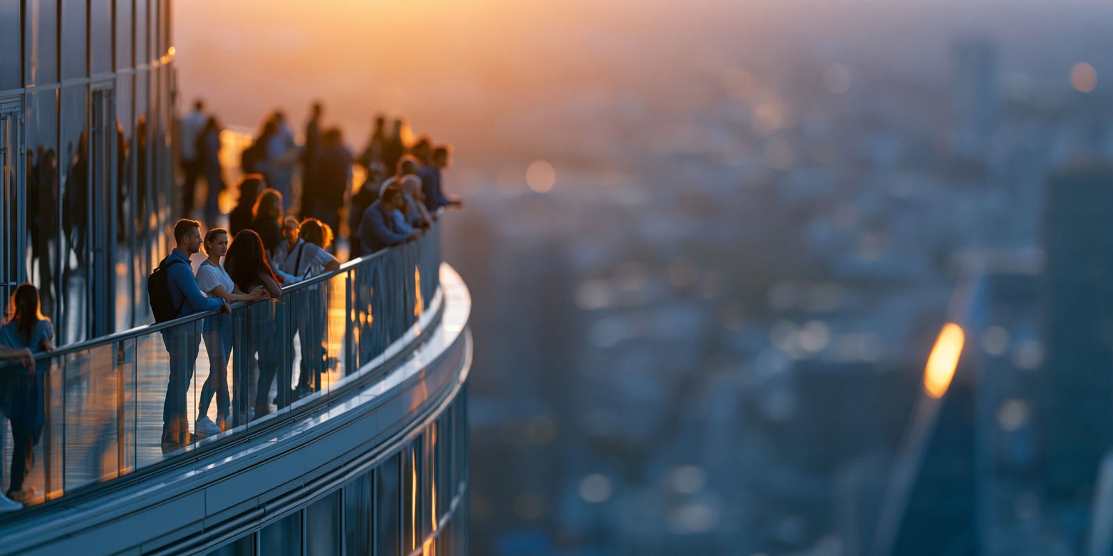 Crowd on skyscraper observation deck at sunset