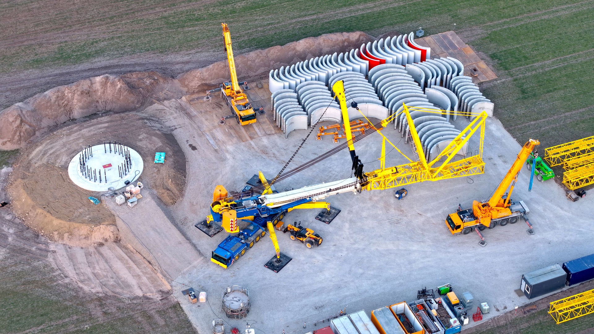 Aerial view of wind turbine construction site