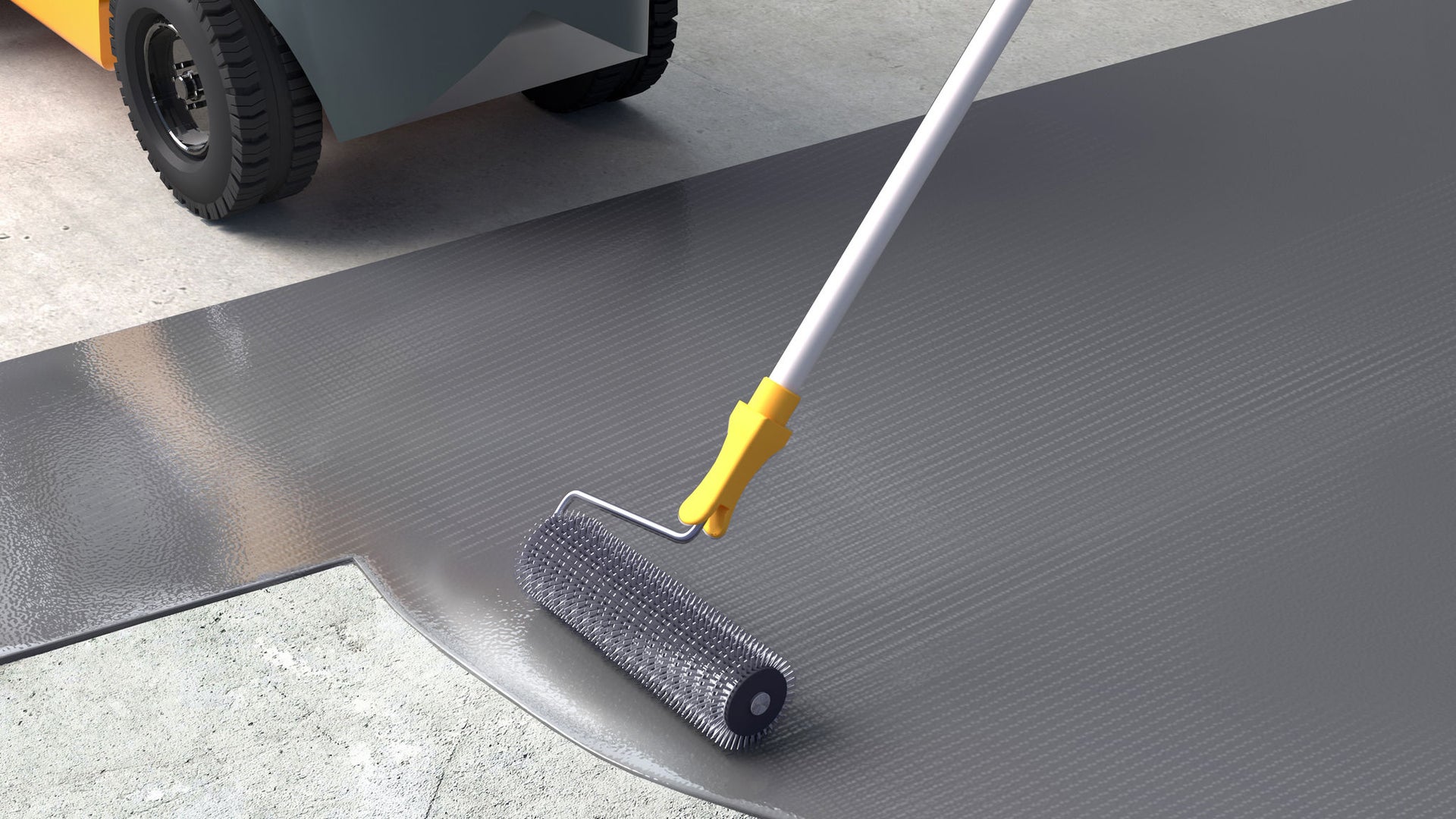 Sikafloor is applied to the concrete floor with a roller