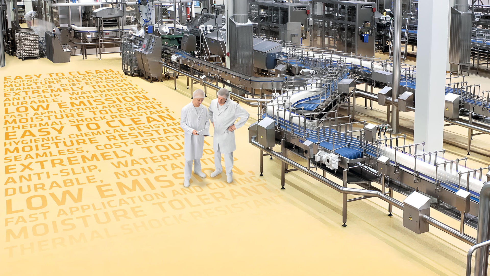 Sika Ucrete yellow floor in food and beverage factory with 2 workers with text benefits