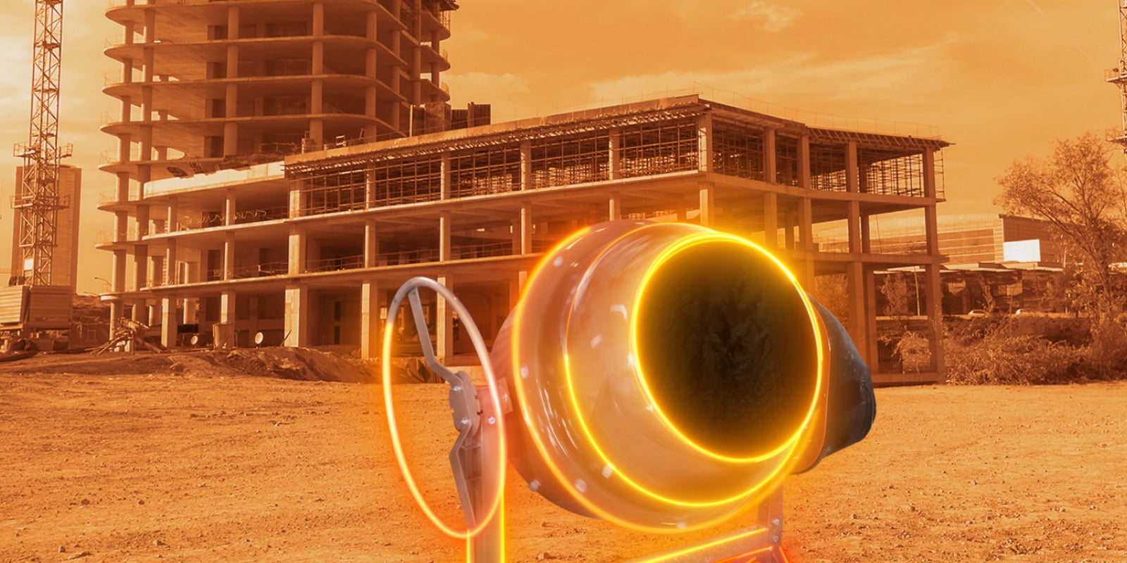 Sika concrete mix design app concrete mixer on construction site glowing