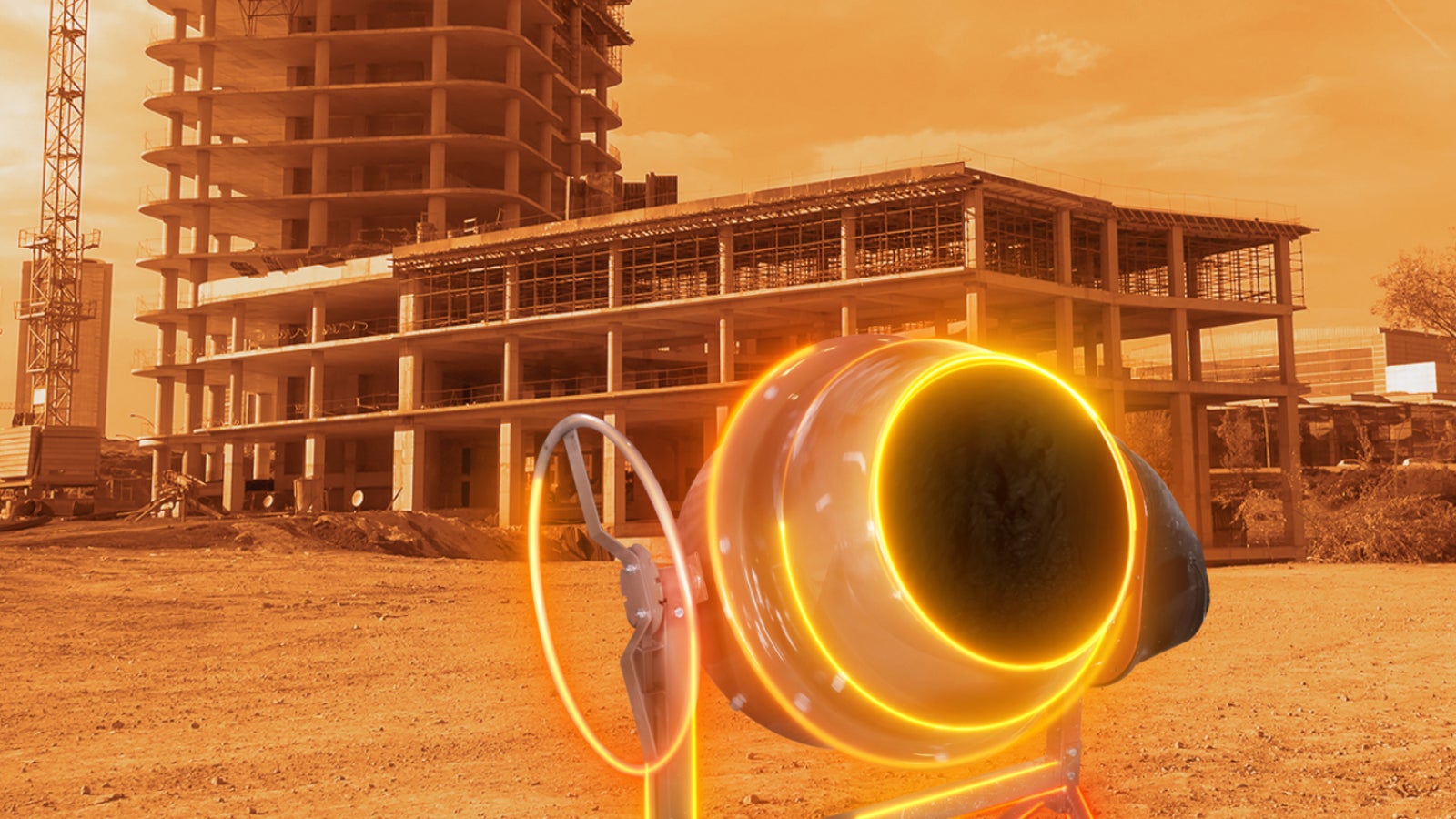 Sika concrete mix design app concrete mixer on construction site glowing